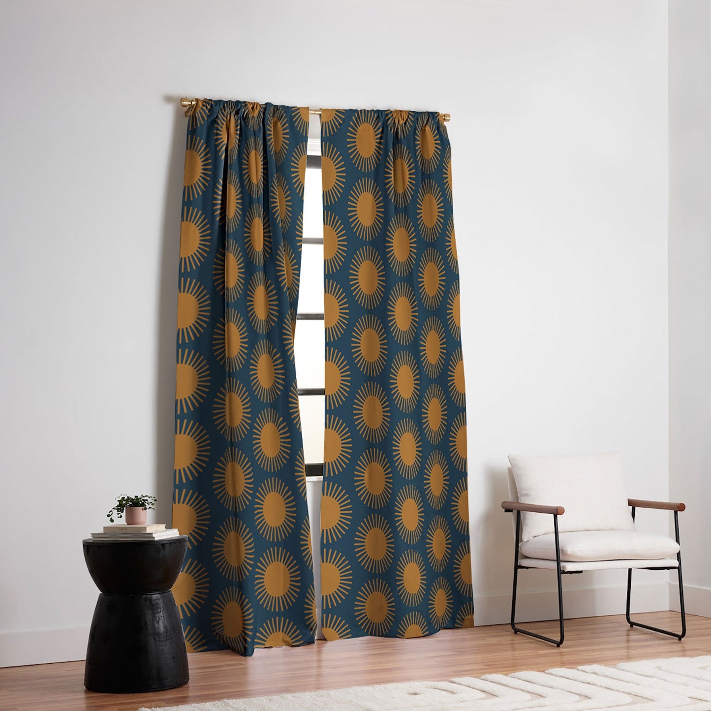 Colour Poems Cheerful Sun Pattern Navy Blue Blackout Non Repeat