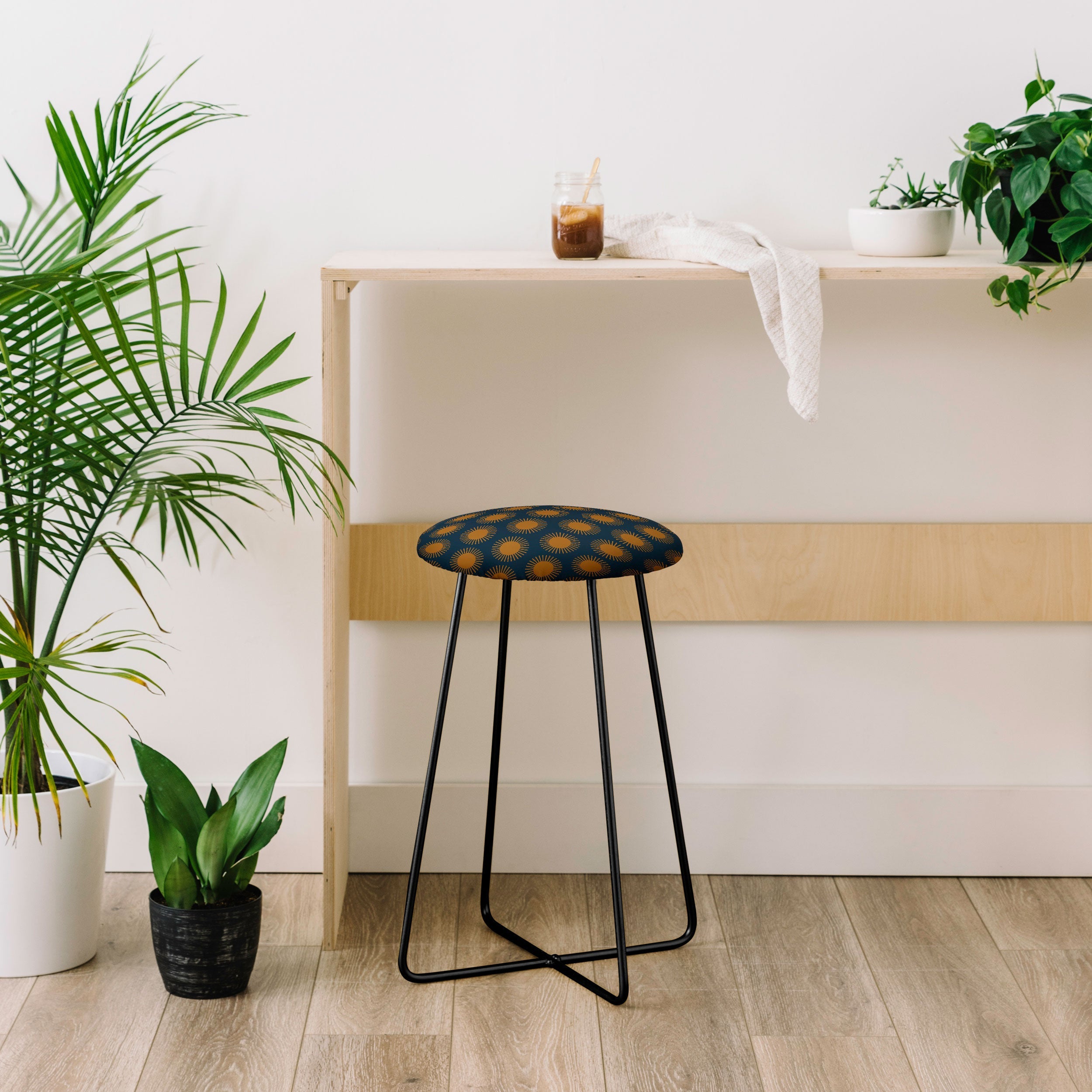 Colour Poems Cheerful Sun Pattern Navy Blue Counter Stool