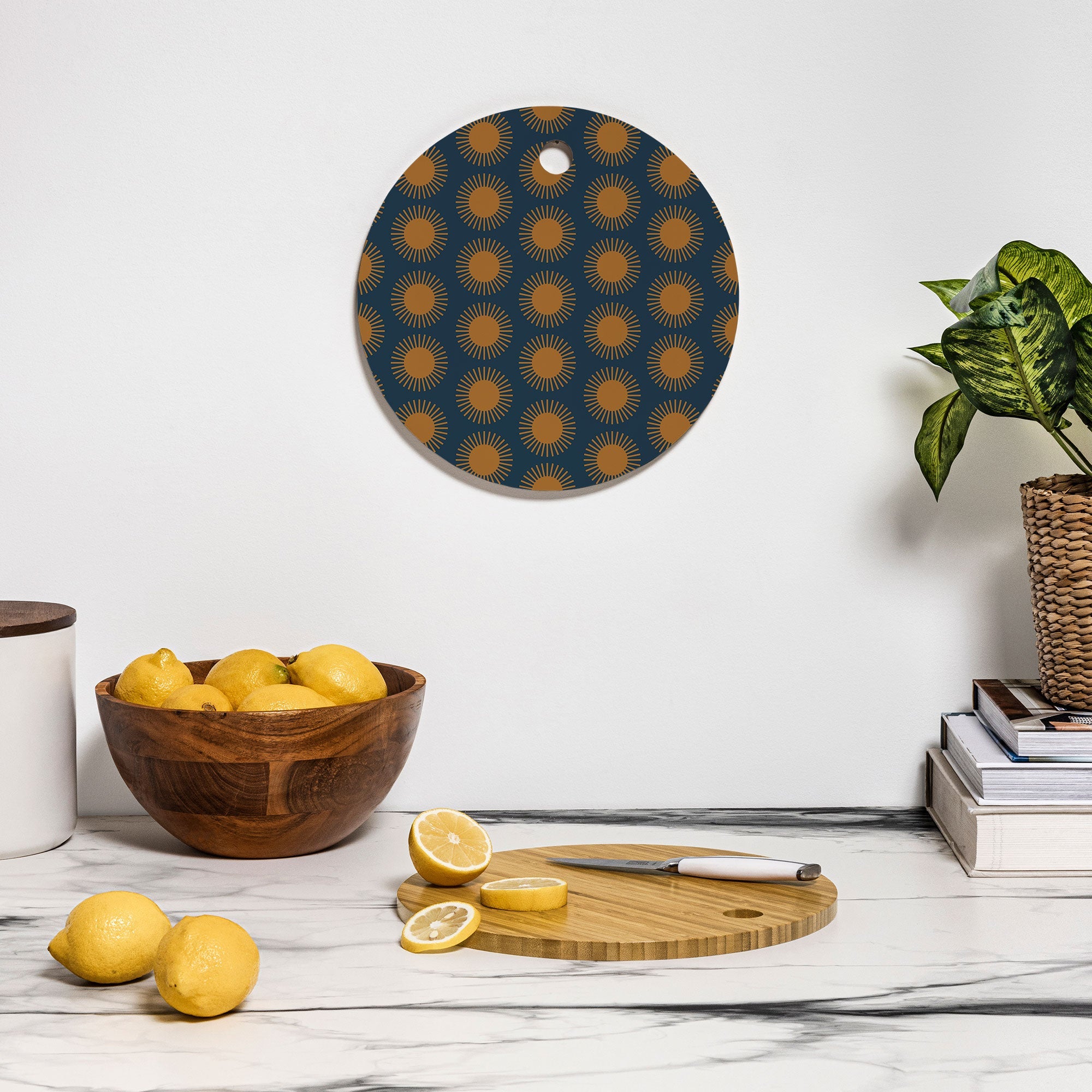 Colour Poems Cheerful Sun Pattern Navy Blue Cutting Board Round
