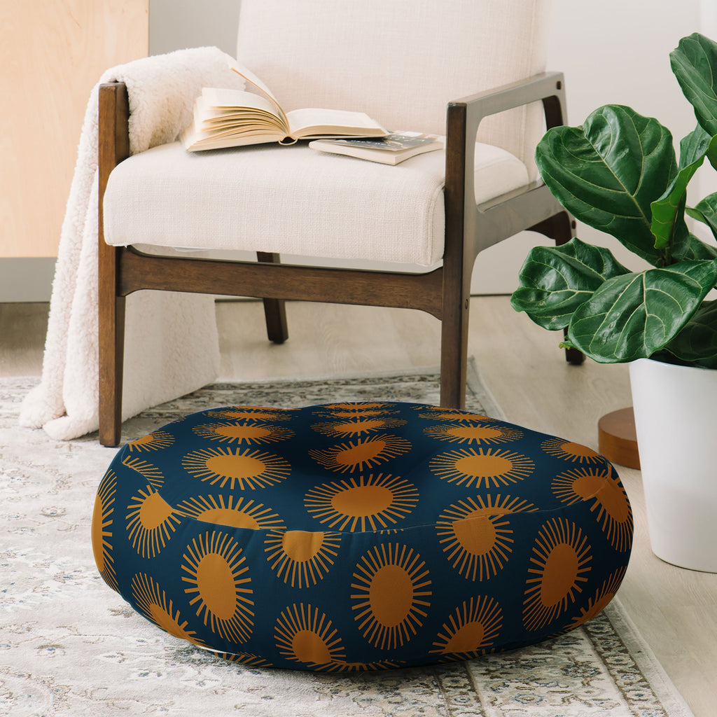 Colour Poems Cheerful Sun Pattern Navy Blue Floor Pillow Round