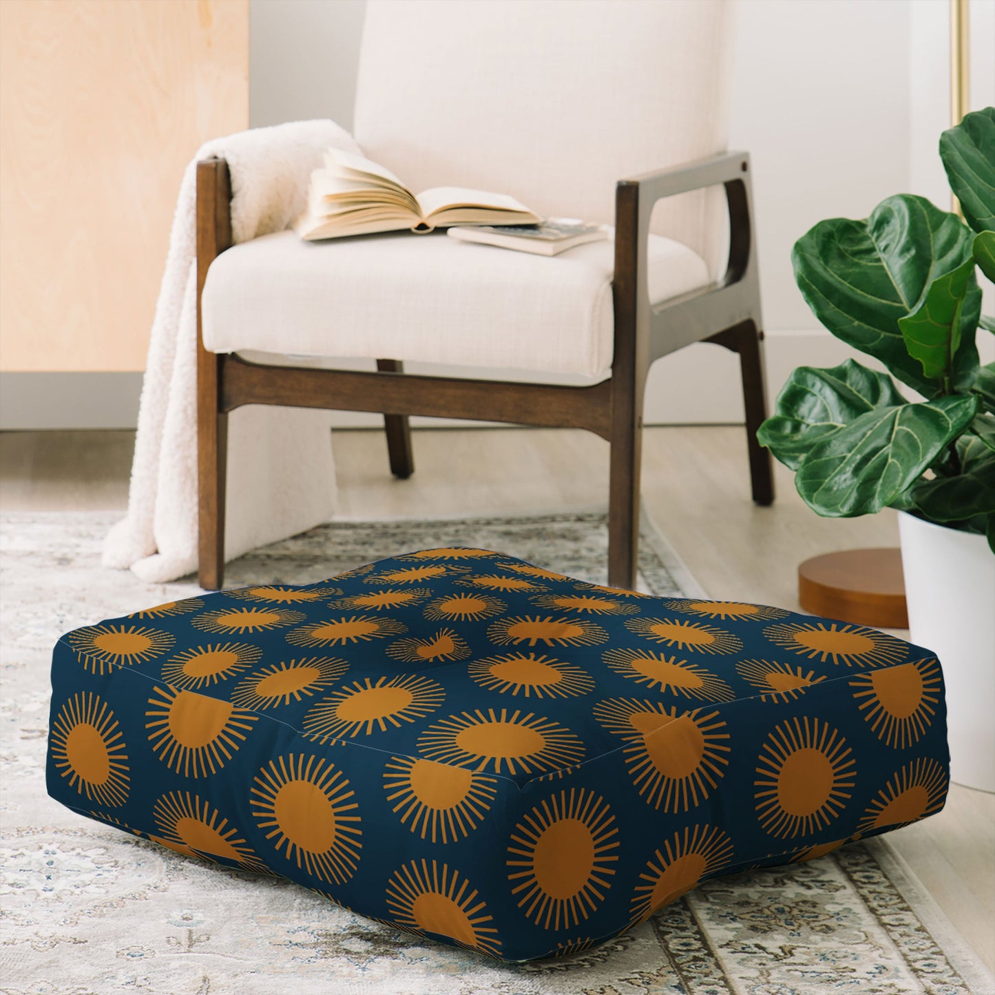 Colour Poems Cheerful Sun Pattern Navy Blue Floor Pillow Square