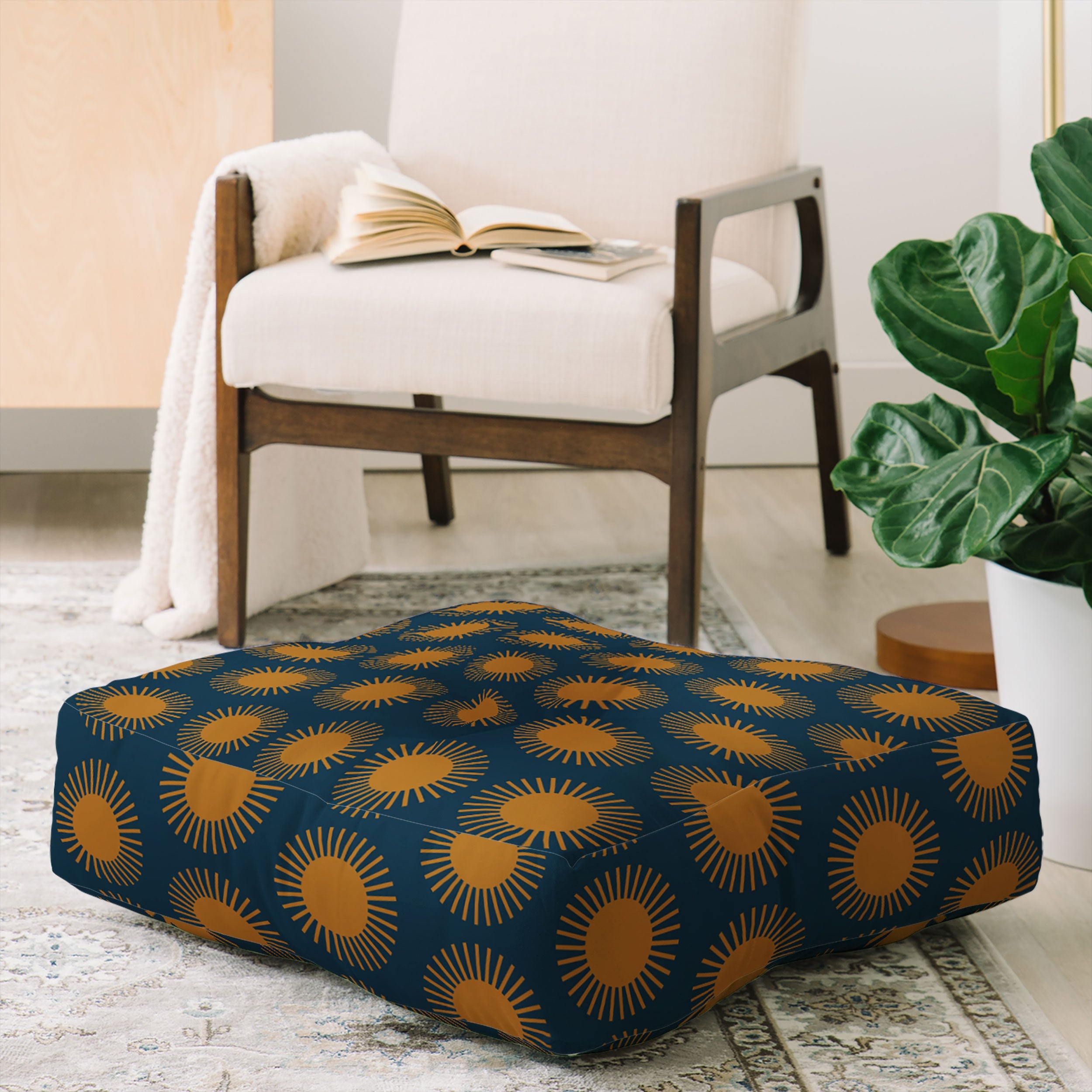 Colour Poems Cheerful Sun Pattern Navy Blue Floor Pillow Square