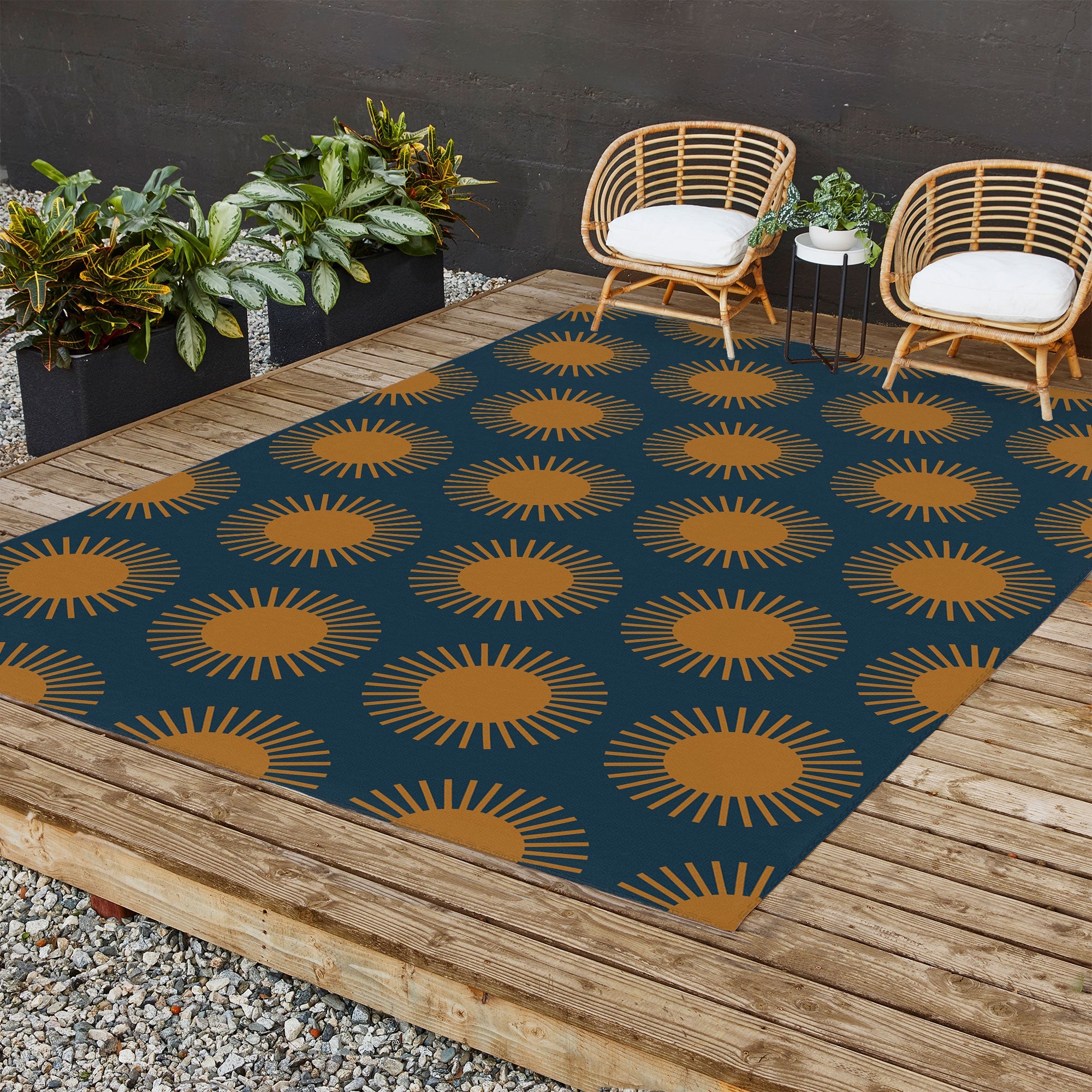 Colour Poems Cheerful Sun Pattern Navy Blue Outdoor Rug