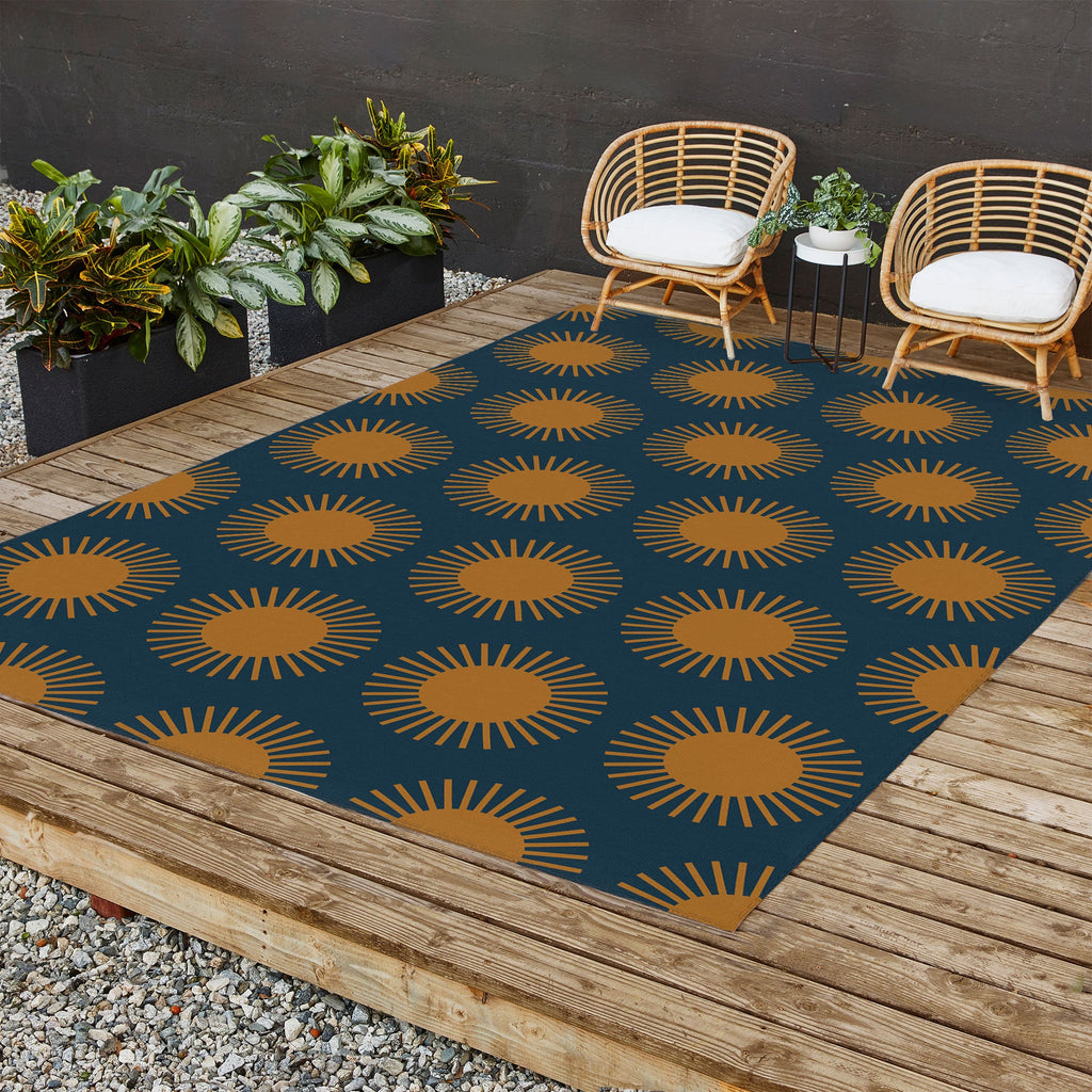 Colour Poems Cheerful Sun Pattern Navy Blue Outdoor Rug