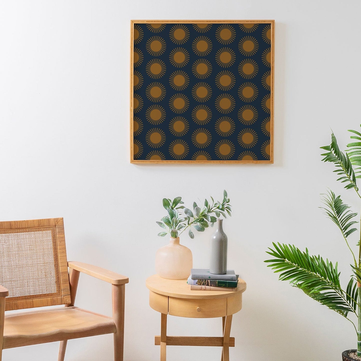 Colour Poems Cheerful Sun Pattern Navy Blue Framed Wall Art