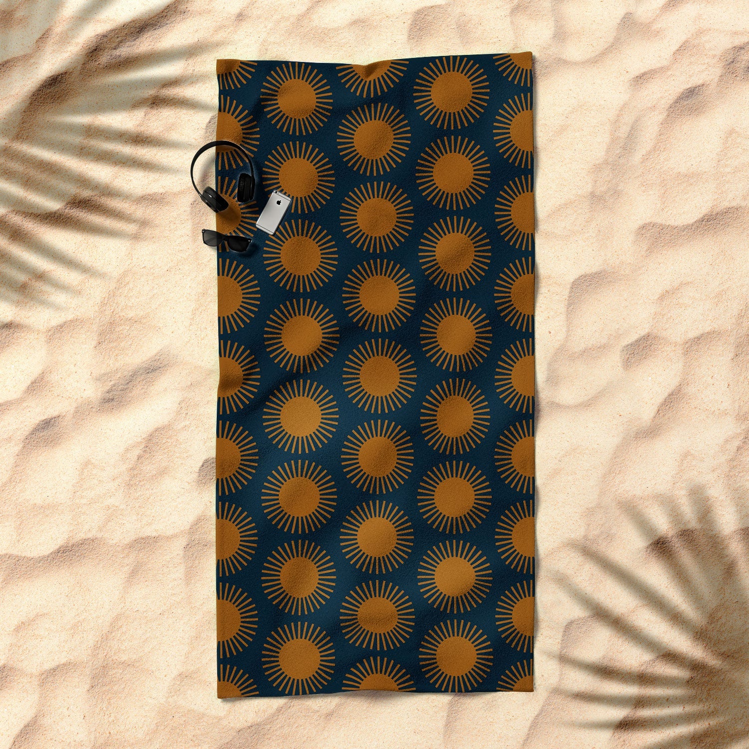 Colour Poems Cheerful Sun Pattern Navy Blue Beach Towel
