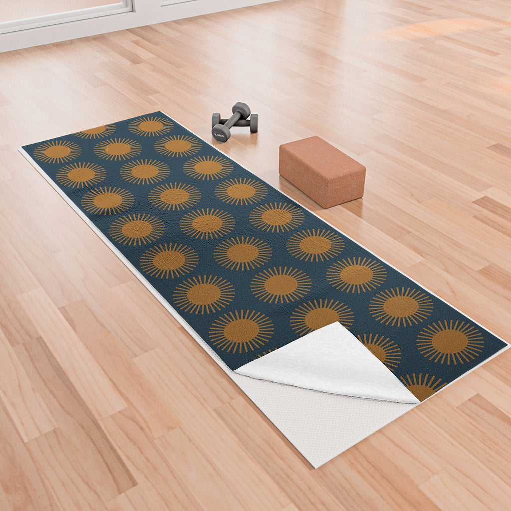 Colour Poems Cheerful Sun Pattern Navy Blue Yoga Towel