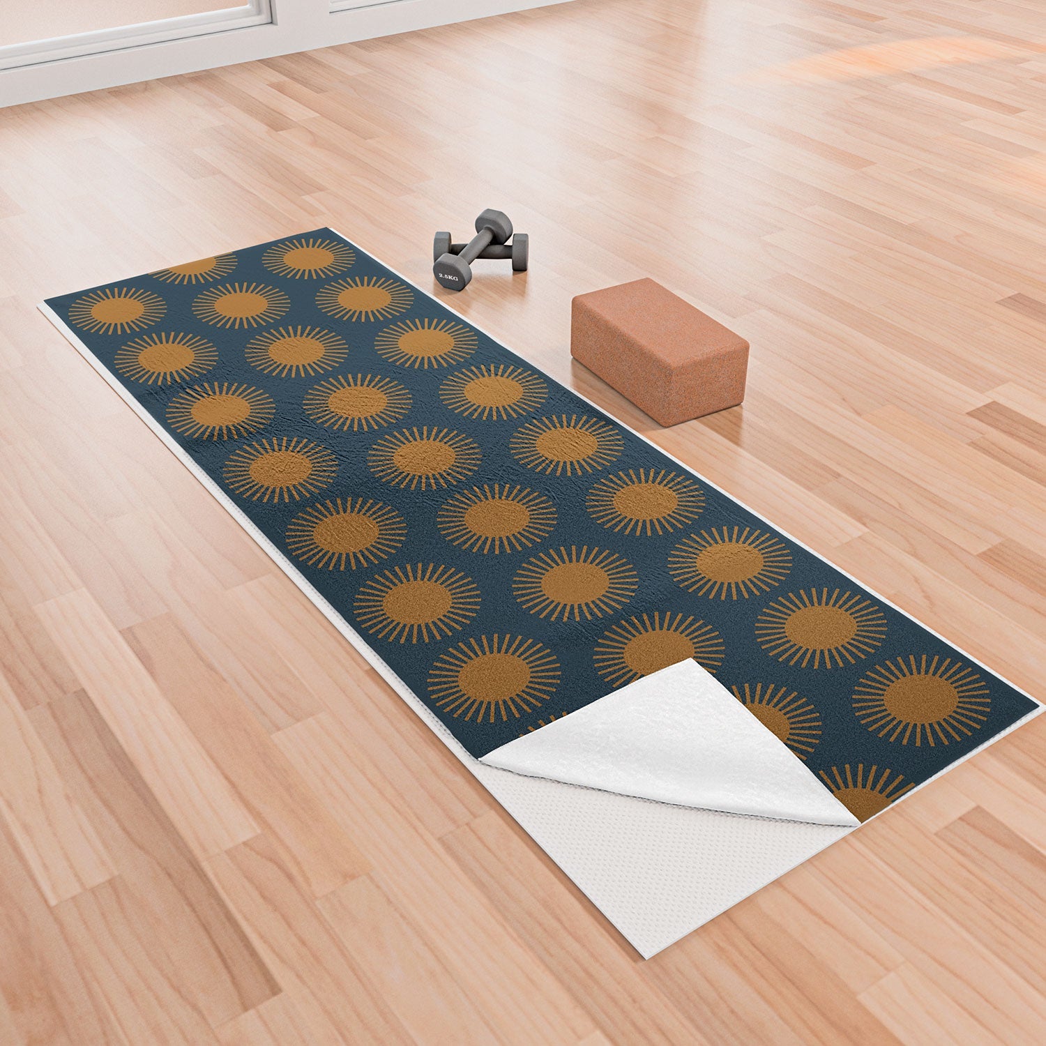 Colour Poems Cheerful Sun Pattern Navy Blue Yoga Towel