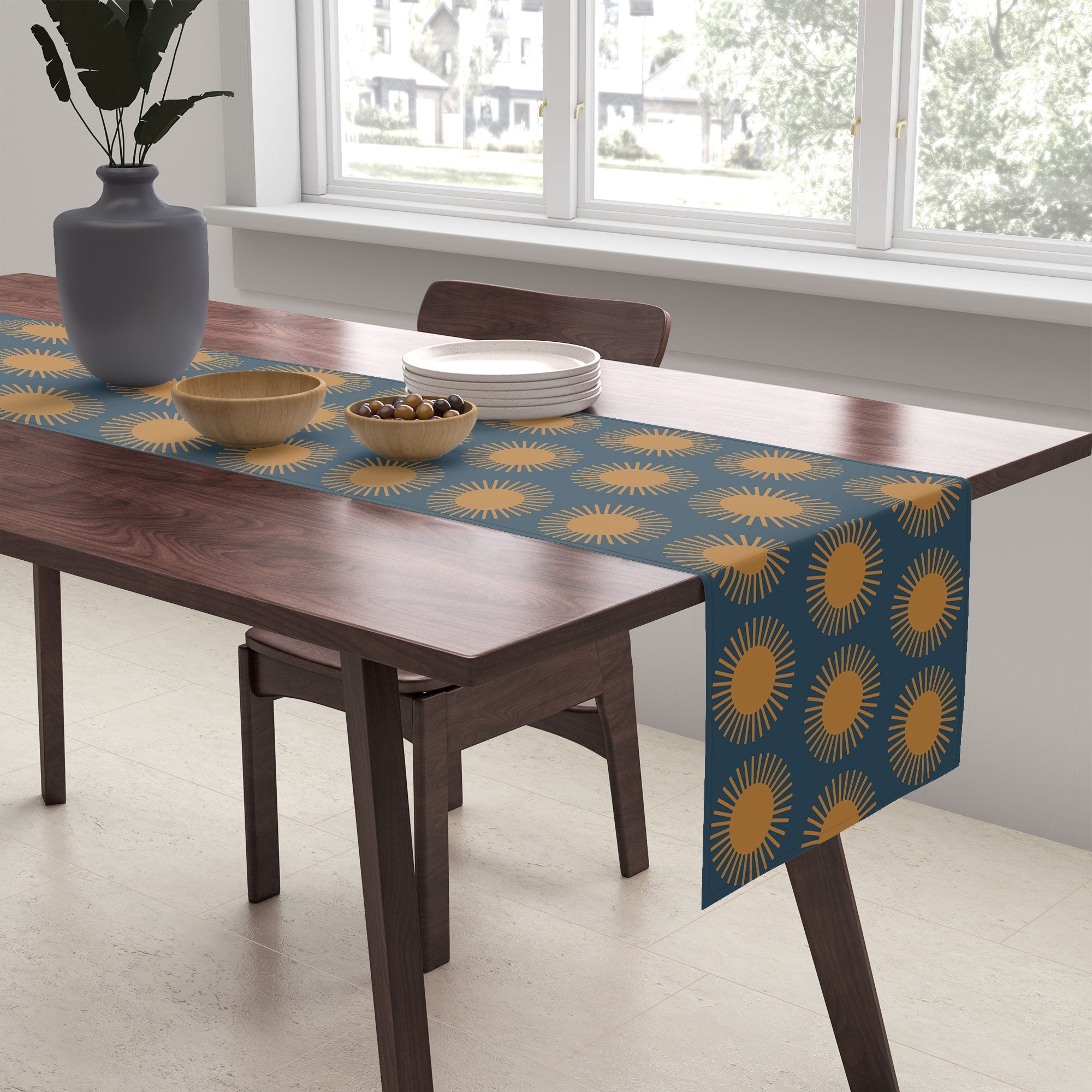 Colour Poems Cheerful Sun Pattern Navy Blue Table Runner