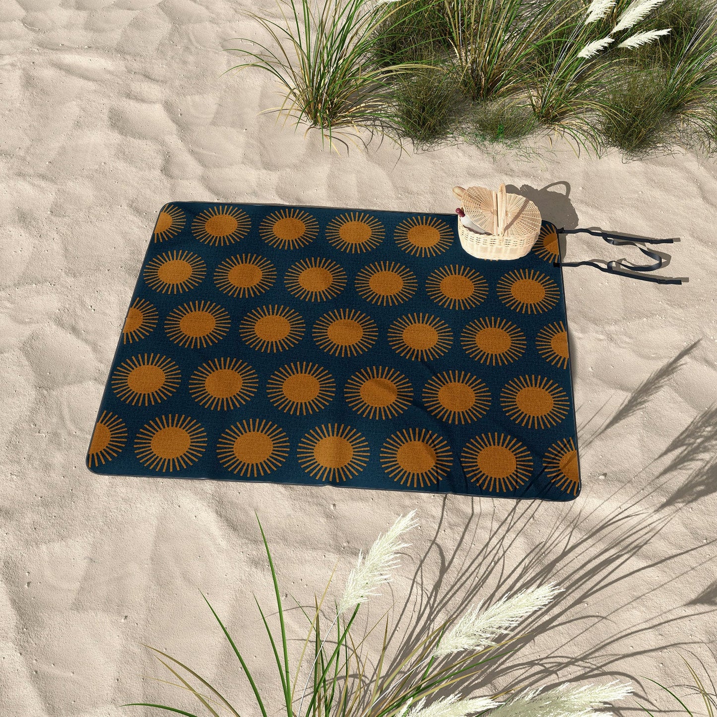 Colour Poems Cheerful Sun Pattern Navy Blue Picnic Blanket