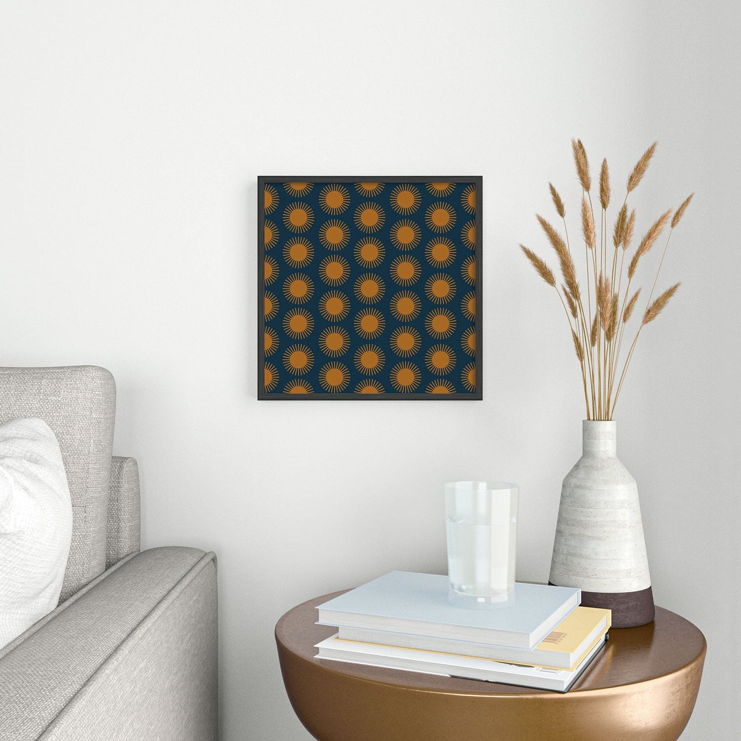 Colour Poems Cheerful Sun Pattern Navy Blue Square Metal Framed Art Print