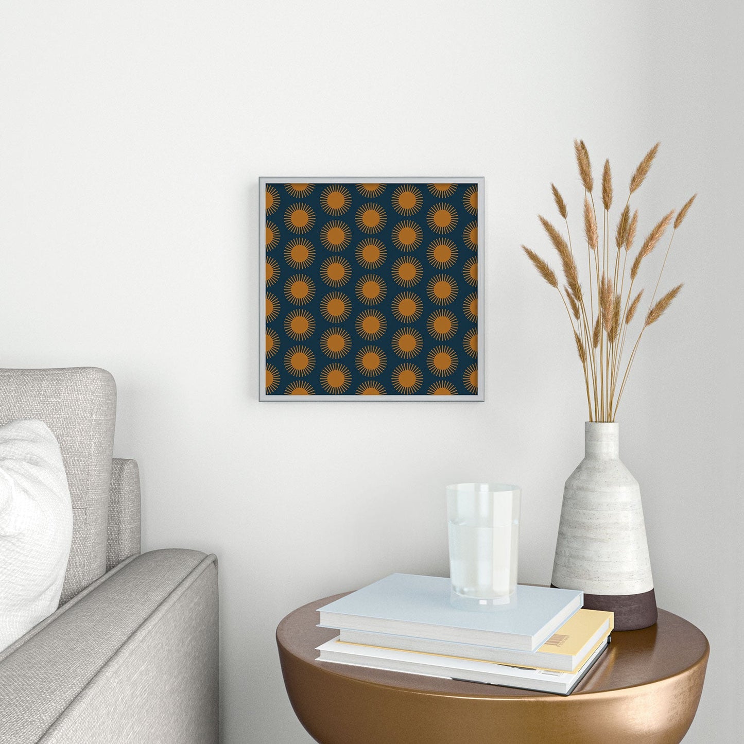 Colour Poems Cheerful Sun Pattern Navy Blue Square Metal Framed Art Print