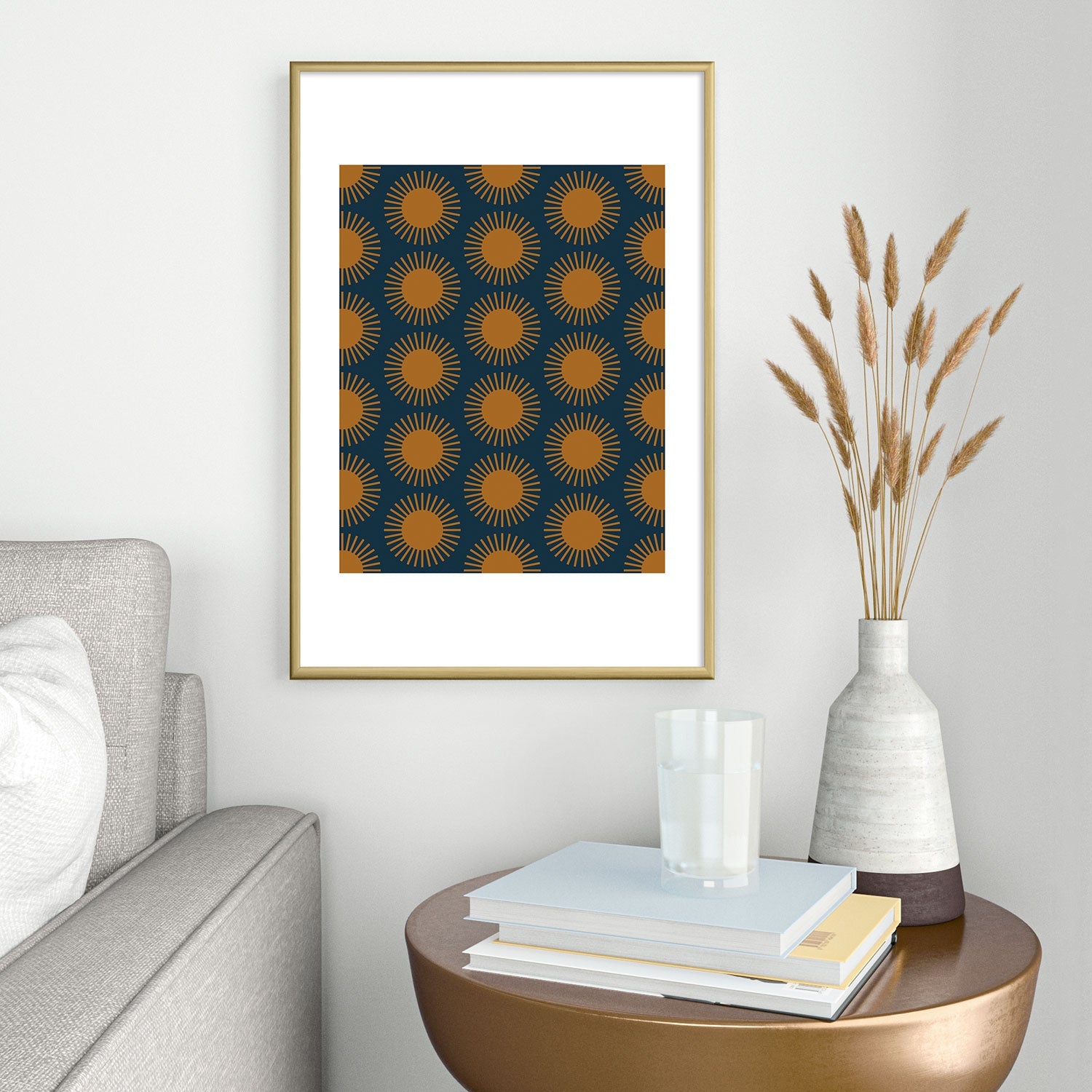 Colour Poems Cheerful Sun Pattern Navy Blue Metal Framed Art Print