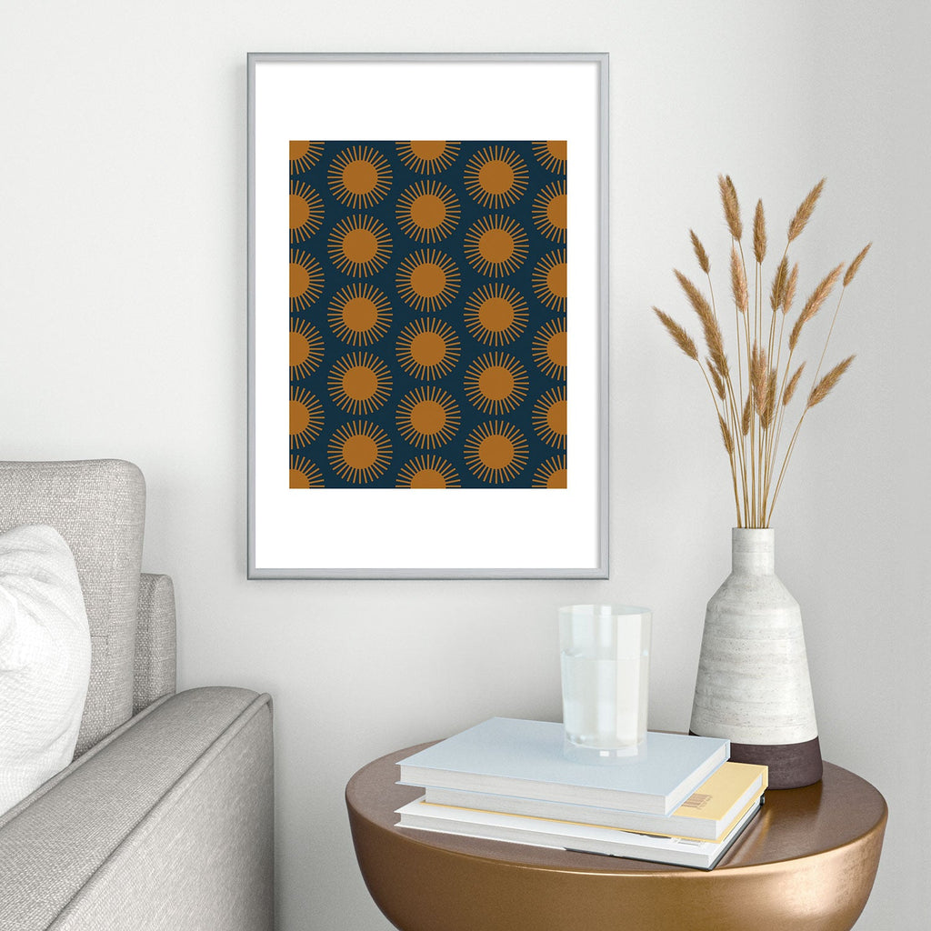 Colour Poems Cheerful Sun Pattern Navy Blue Metal Framed Art Print