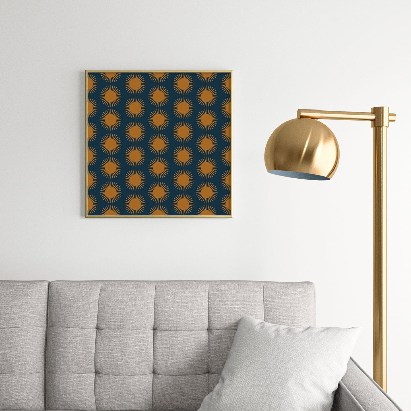 Colour Poems Cheerful Sun Pattern Navy Blue Square Metal Framed Art Print