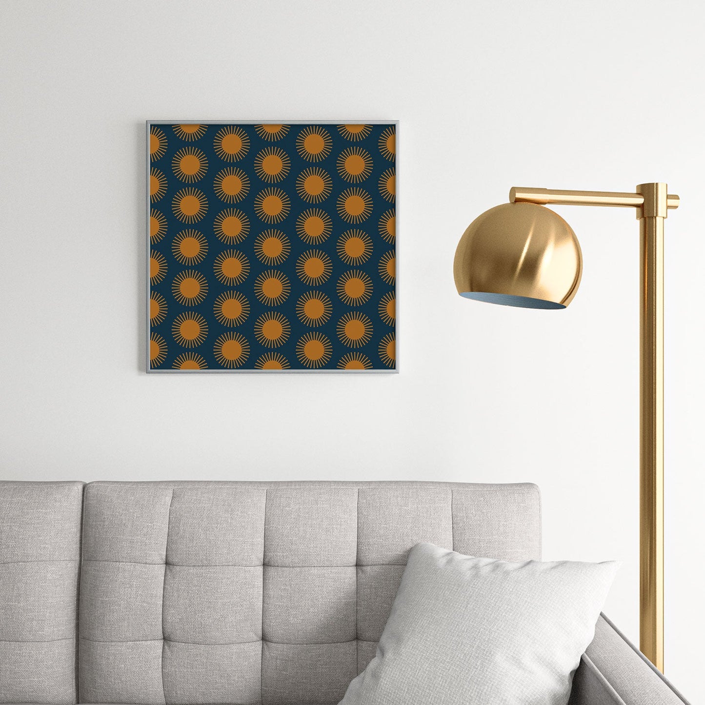 Colour Poems Cheerful Sun Pattern Navy Blue Square Metal Framed Art Print