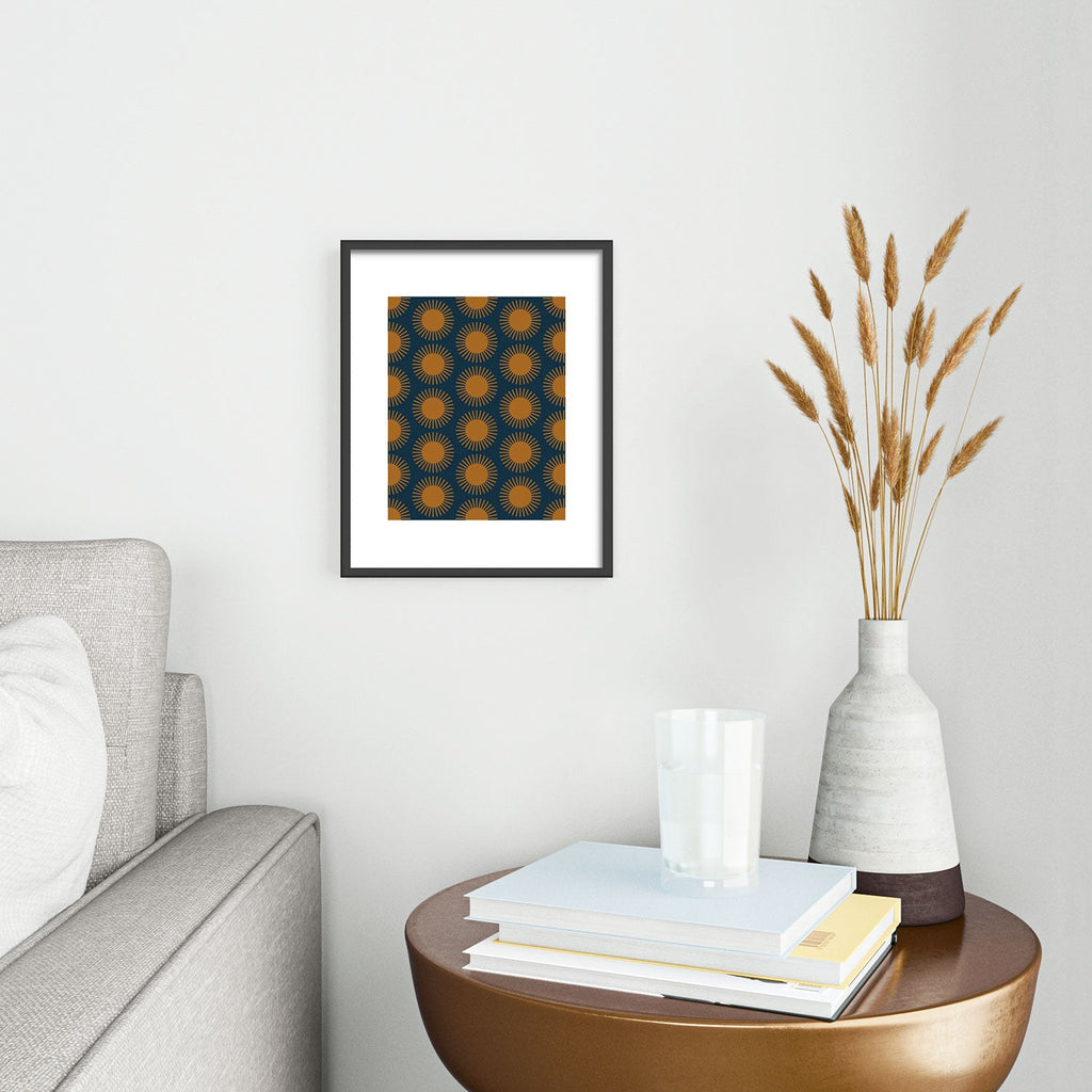 Colour Poems Cheerful Sun Pattern Navy Blue Metal Framed Art Print