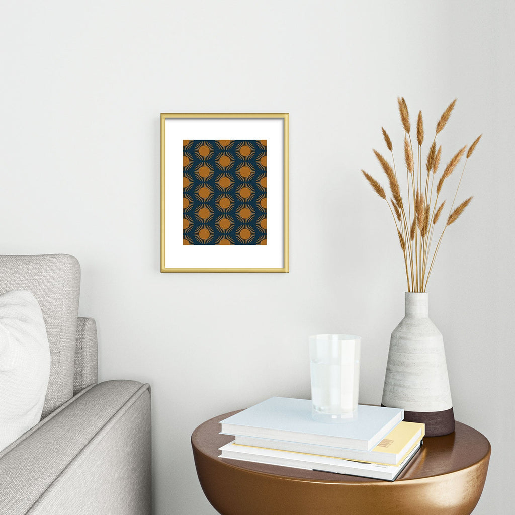 Colour Poems Cheerful Sun Pattern Navy Blue Metal Framed Art Print