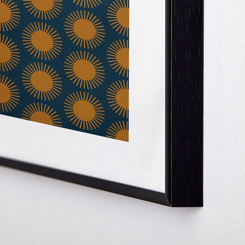Colour Poems Cheerful Sun Pattern Navy Blue Metal Framed Art Print