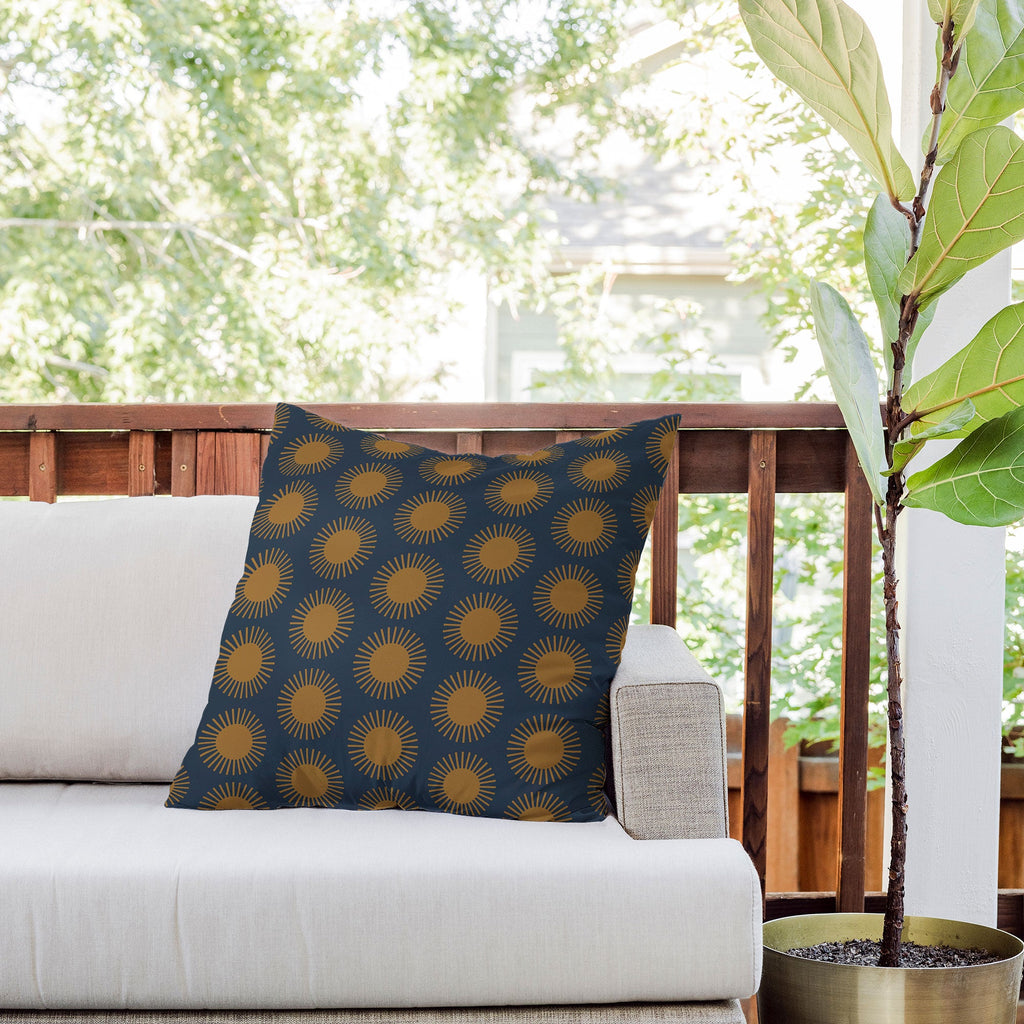 Colour Poems Cheerful Sun Pattern Navy Blue Outdoor Throw Pillow