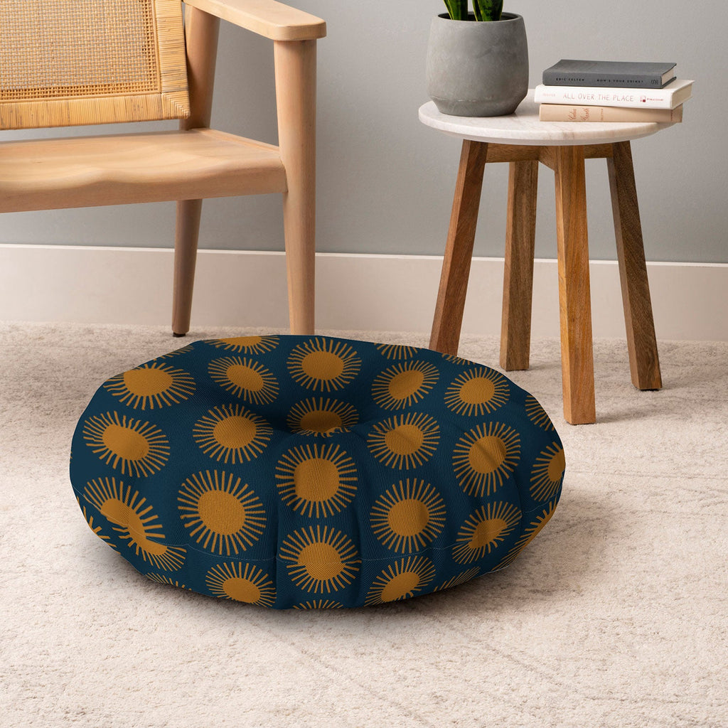 Colour Poems Cheerful Sun Pattern Navy Blue Floor Pillow Round