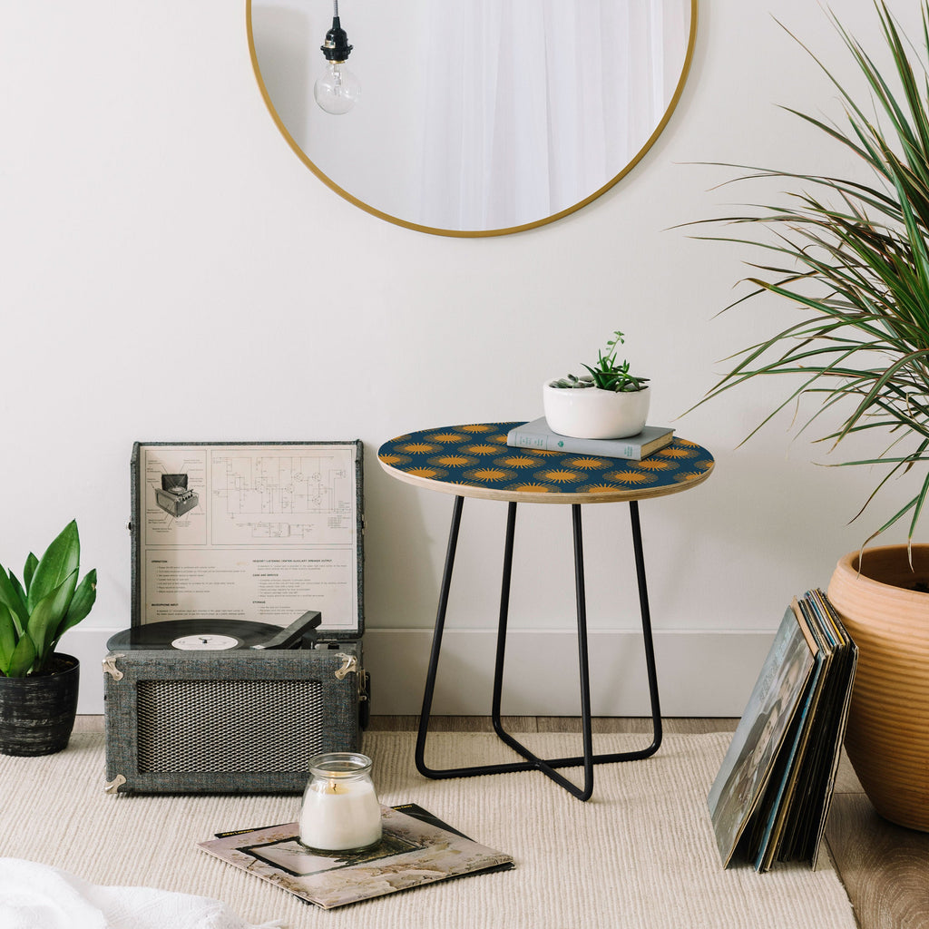 Colour Poems Cheerful Sun Pattern Navy Blue Round Side Table