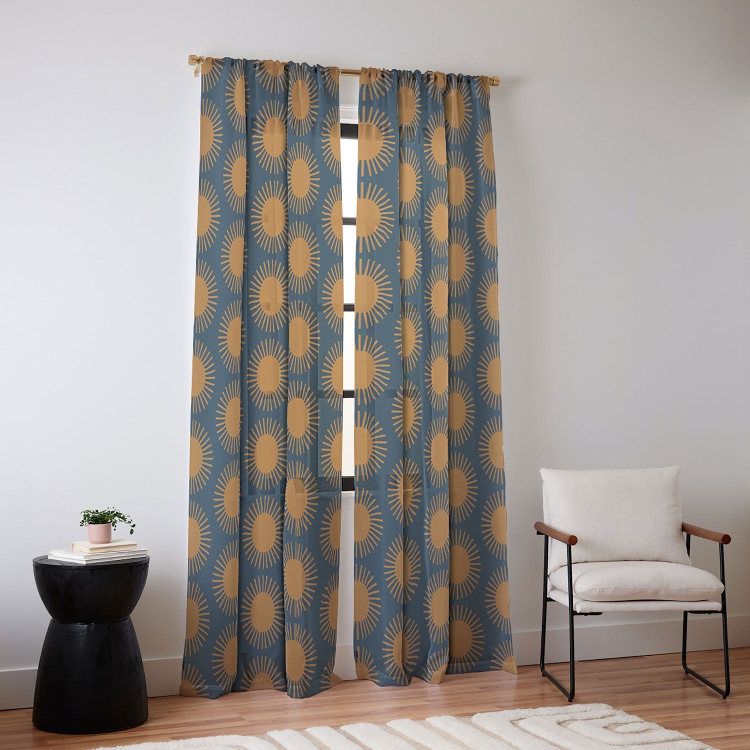 Colour Poems Cheerful Sun Pattern Navy Blue Sheer Non Repeat