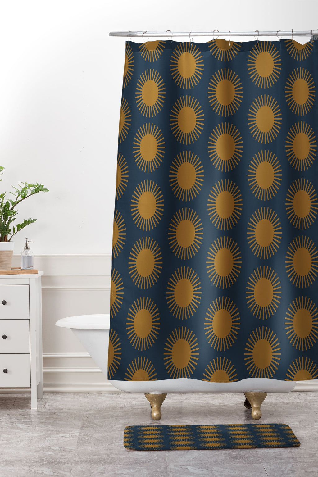 Colour Poems Cheerful Sun Pattern Navy Blue Memory Foam Bath Mat