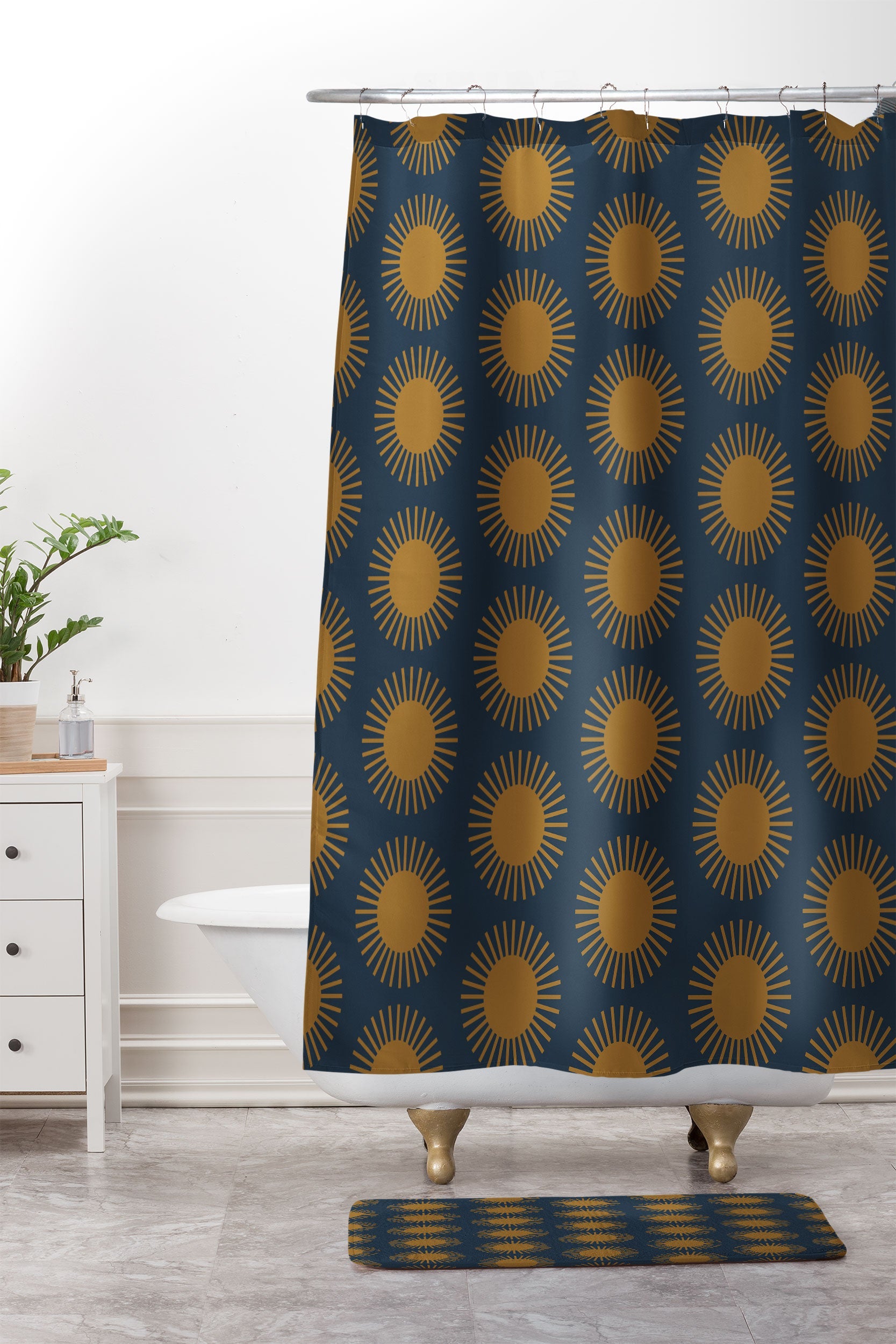 Colour Poems Cheerful Sun Pattern Navy Blue Memory Foam Bath Mat