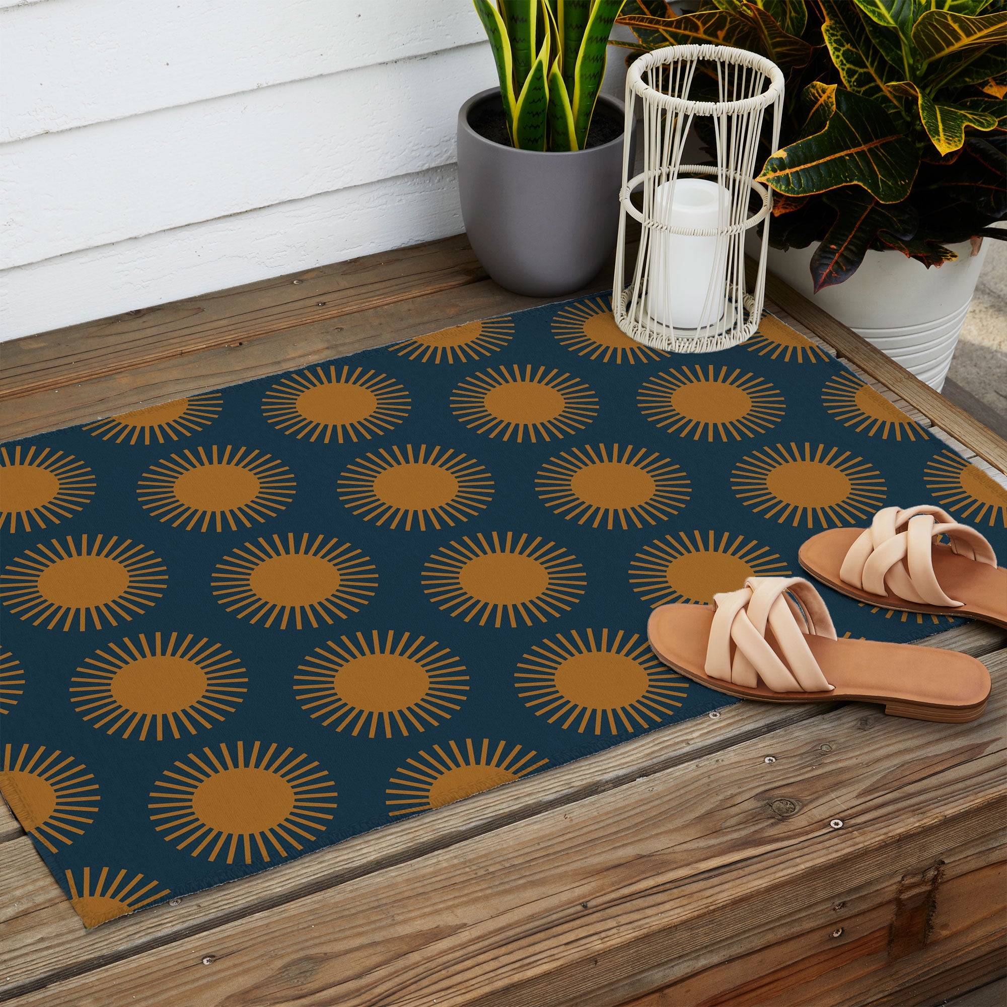 Colour Poems Cheerful Sun Pattern Navy Blue Outdoor Rug