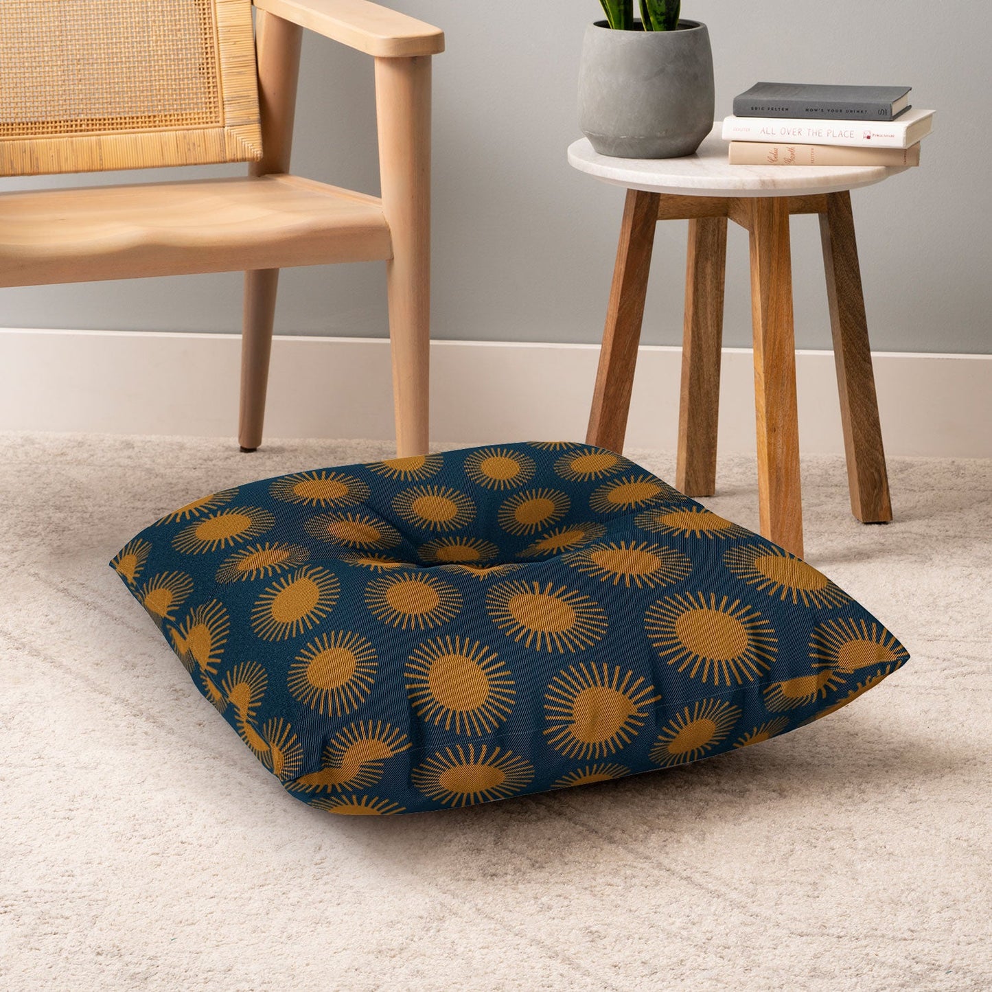 Colour Poems Cheerful Sun Pattern Navy Blue Floor Pillow Square