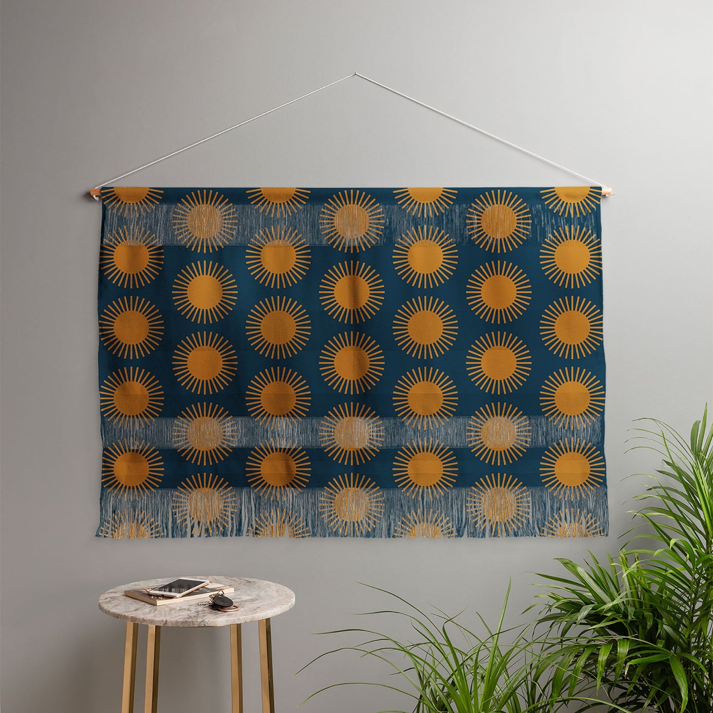 Colour Poems Cheerful Sun Pattern Navy Blue Wall Hanging Landscape