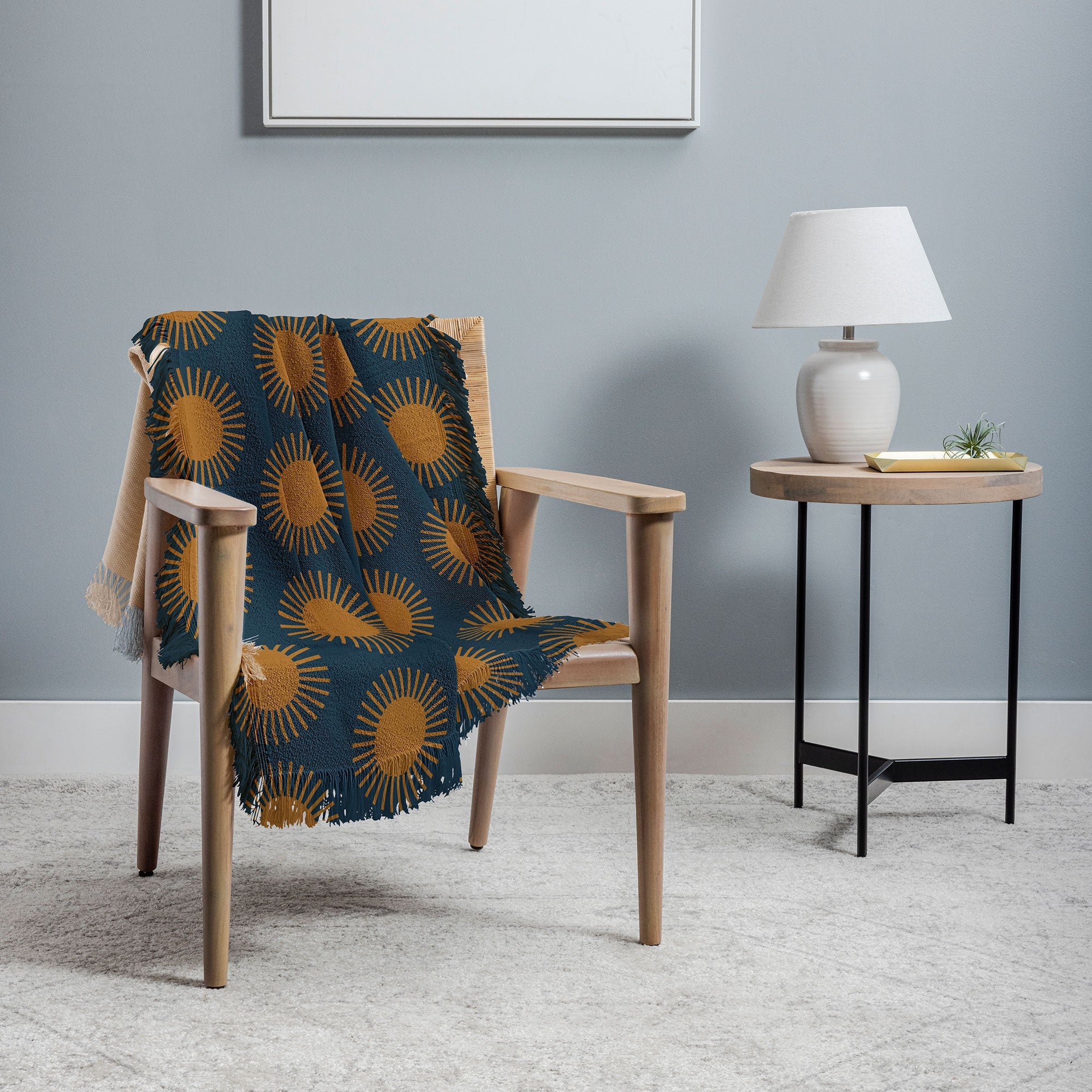 Colour Poems Cheerful Sun Pattern Navy Blue Throw Blanket
