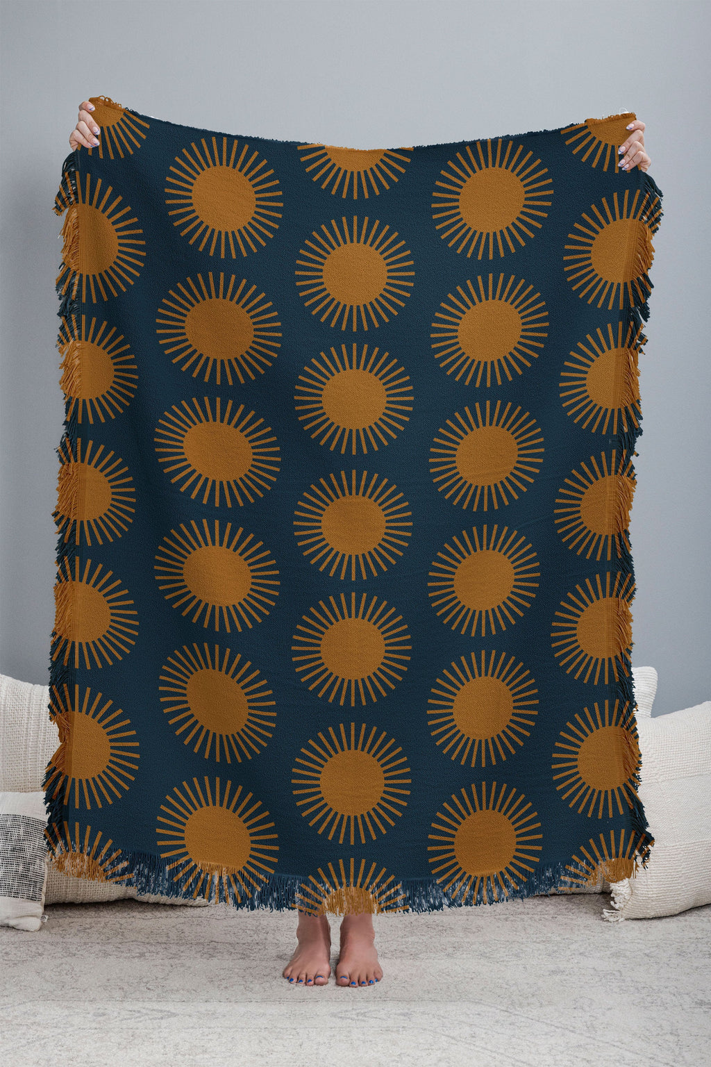 Colour Poems Cheerful Sun Pattern Navy Blue Throw Blanket