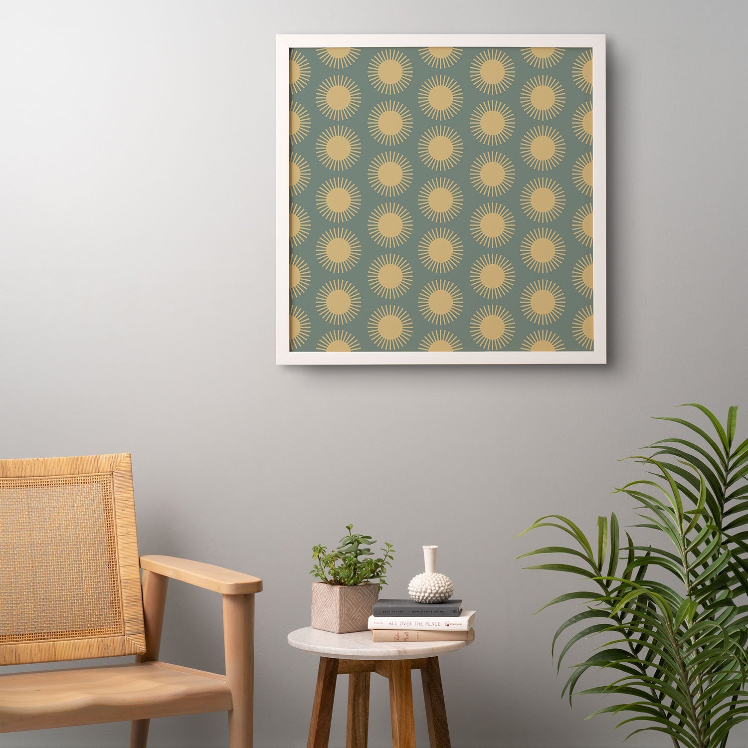 Colour Poems Cheerful Sun Pattern Sage Framed Wall Art
