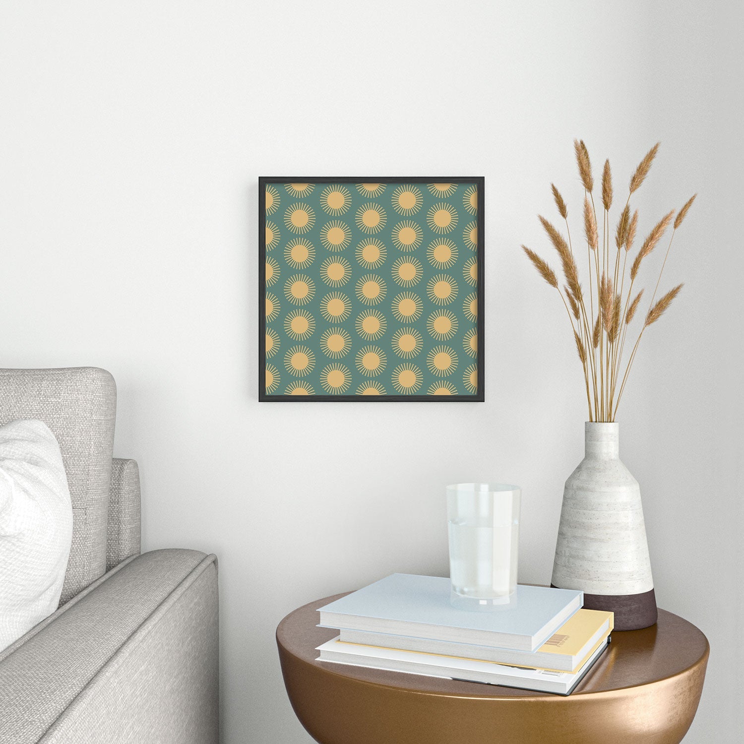 Colour Poems Cheerful Sun Pattern Sage Square Metal Framed Art Print