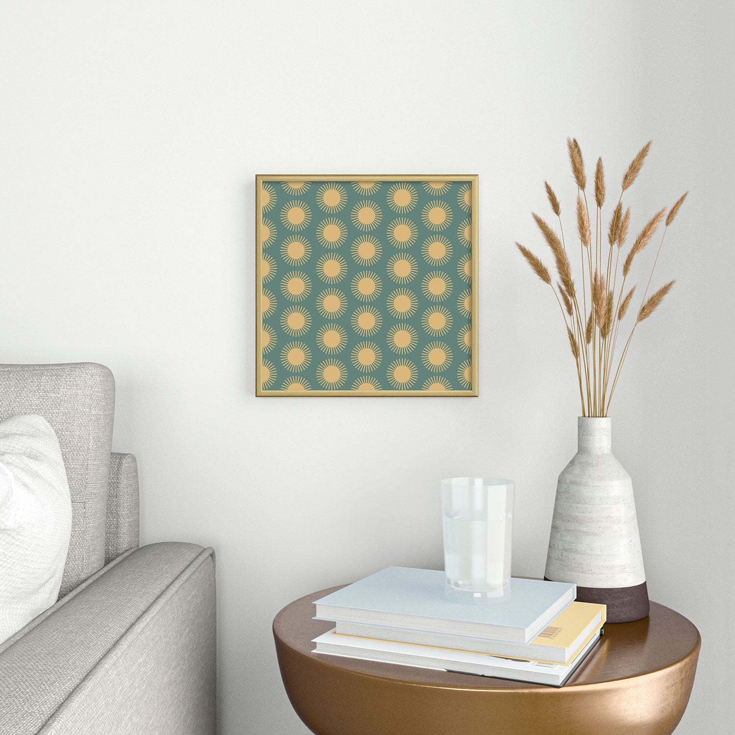 Colour Poems Cheerful Sun Pattern Sage Square Metal Framed Art Print