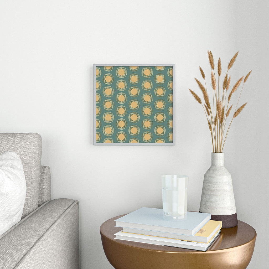 Colour Poems Cheerful Sun Pattern Sage Square Metal Framed Art Print