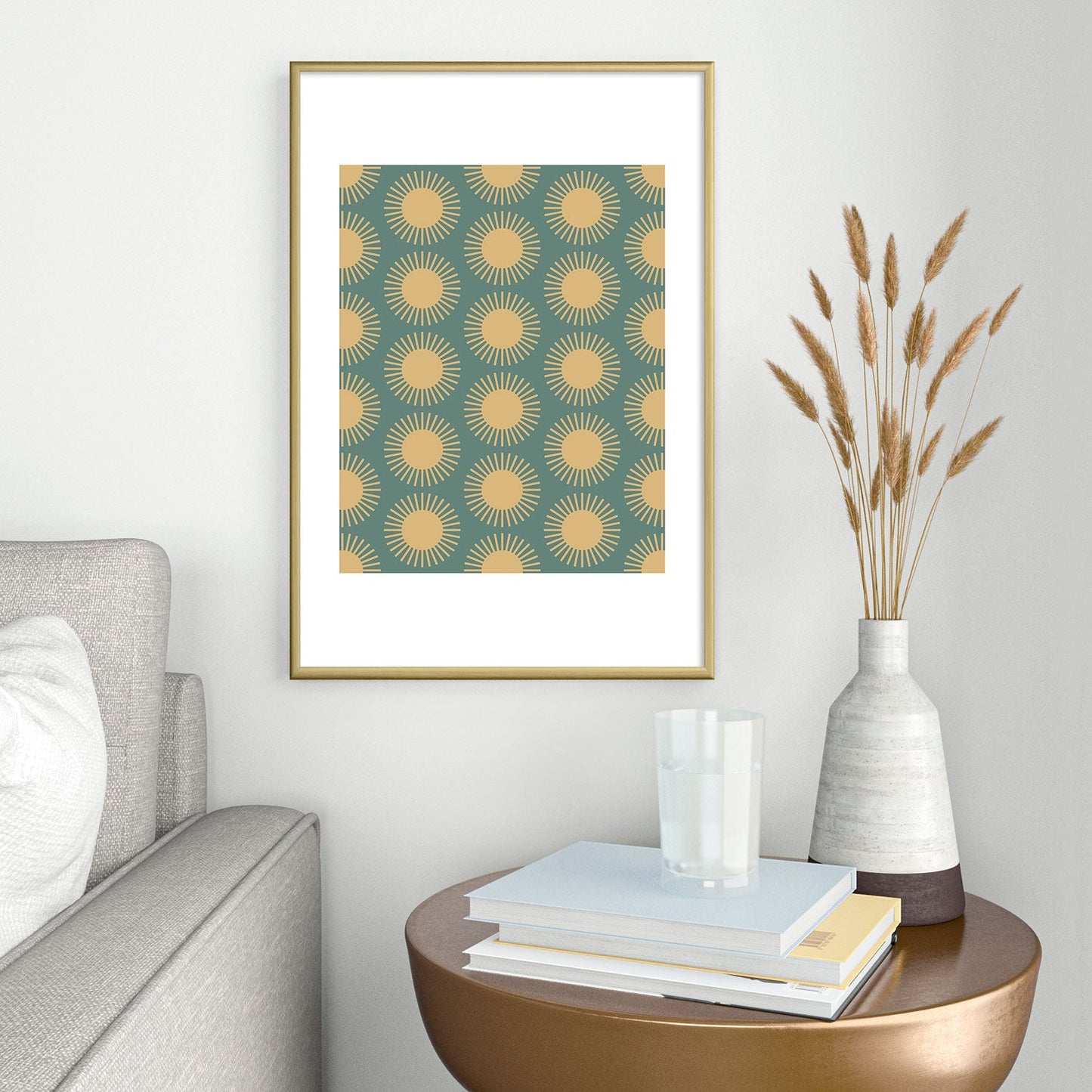 Colour Poems Cheerful Sun Pattern Sage Metal Framed Art Print