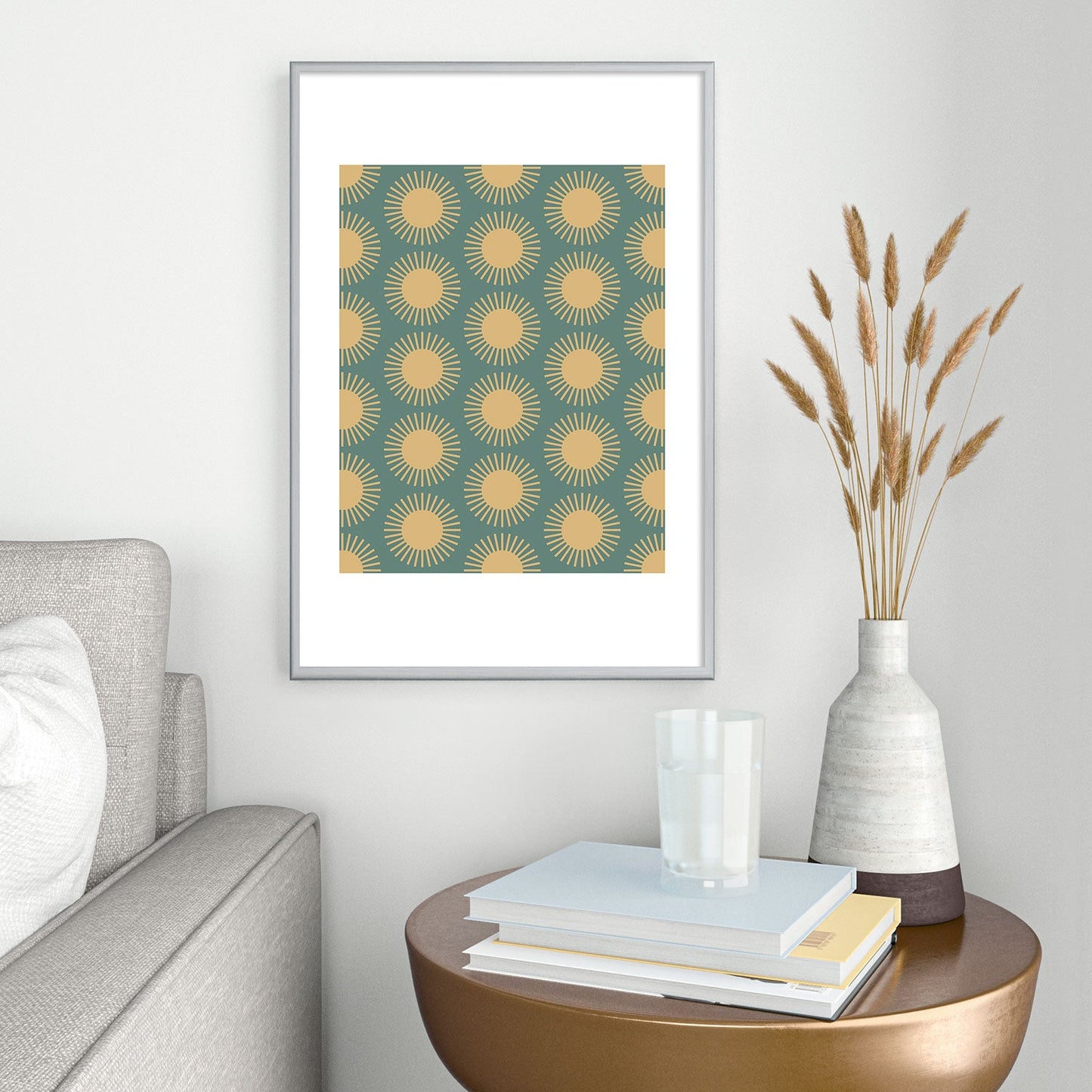 Colour Poems Cheerful Sun Pattern Sage Metal Framed Art Print
