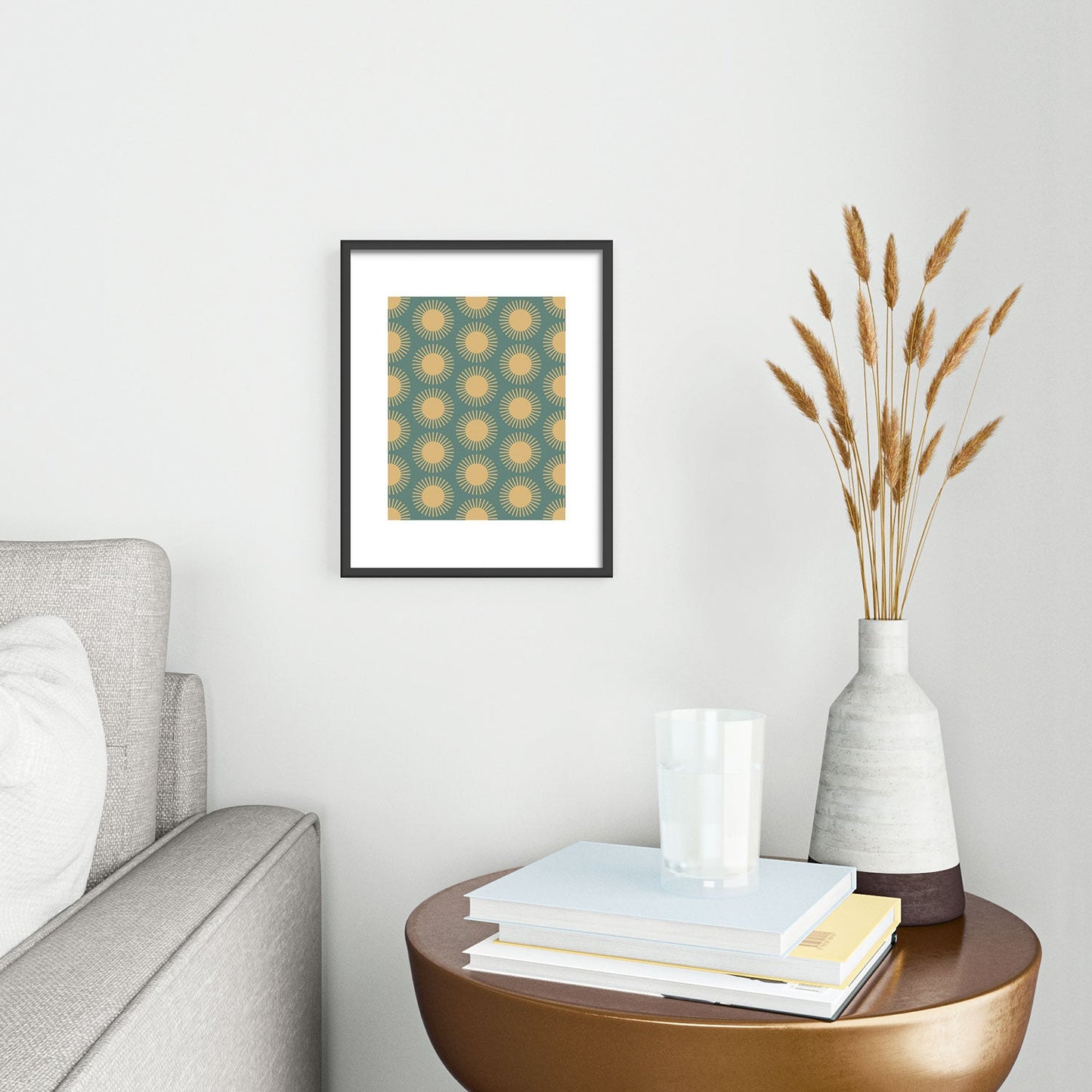 Colour Poems Cheerful Sun Pattern Sage Metal Framed Art Print