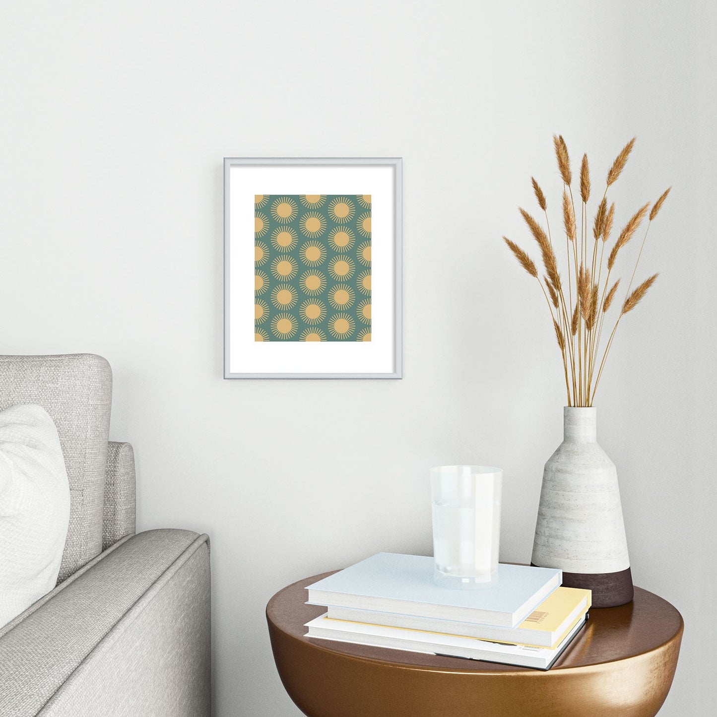 Colour Poems Cheerful Sun Pattern Sage Metal Framed Art Print