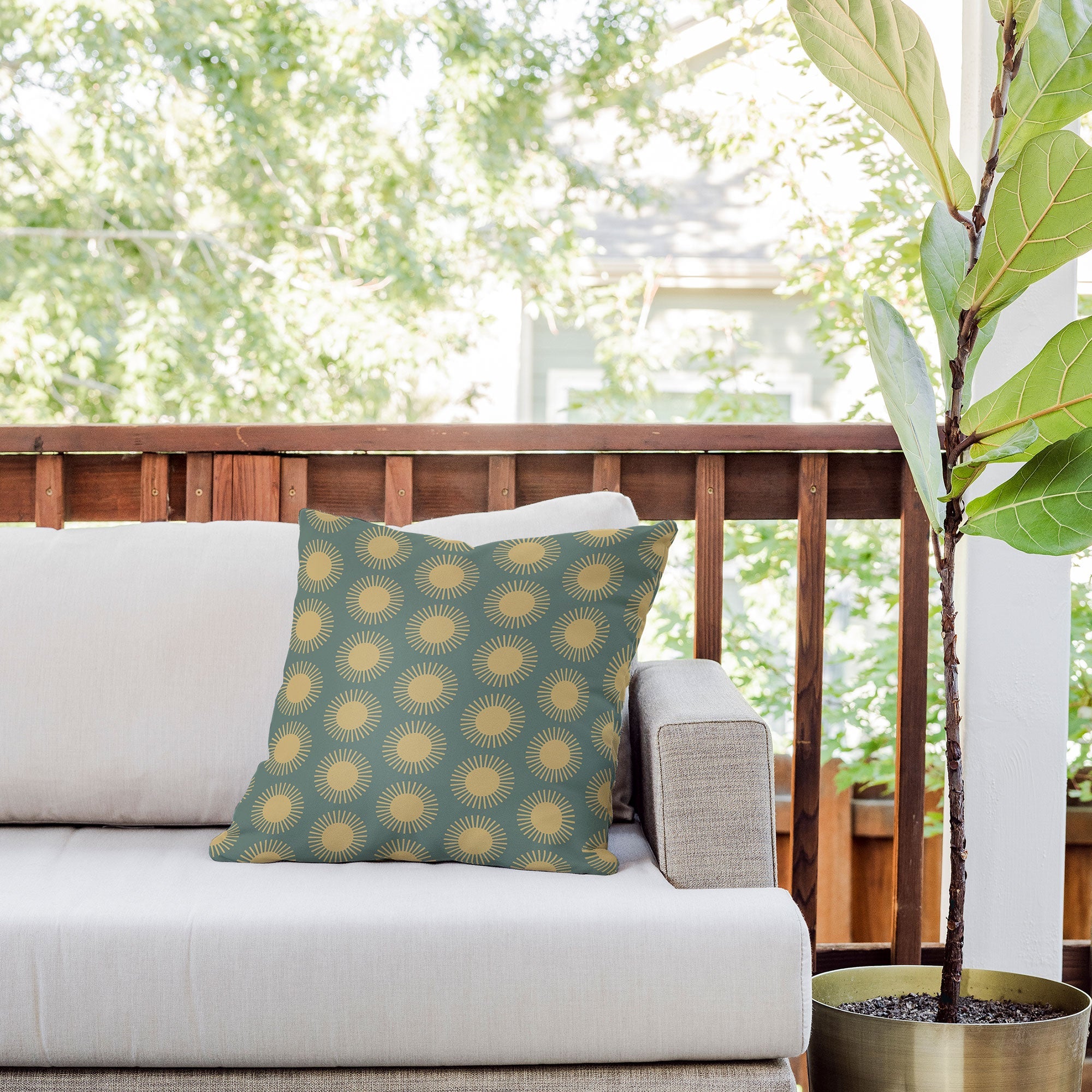 Colour Poems Cheerful Sun Pattern Sage Outdoor Throw Pillow