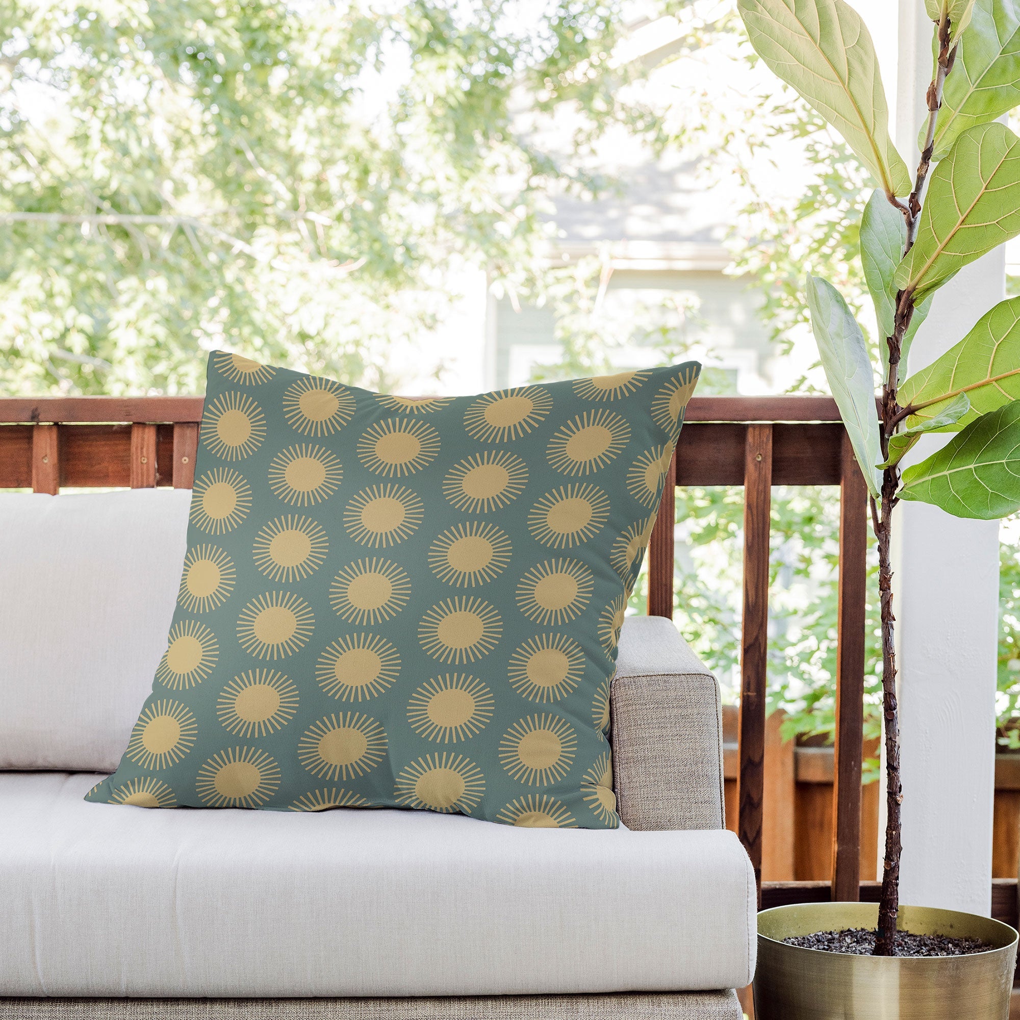 Colour Poems Cheerful Sun Pattern Sage Outdoor Throw Pillow