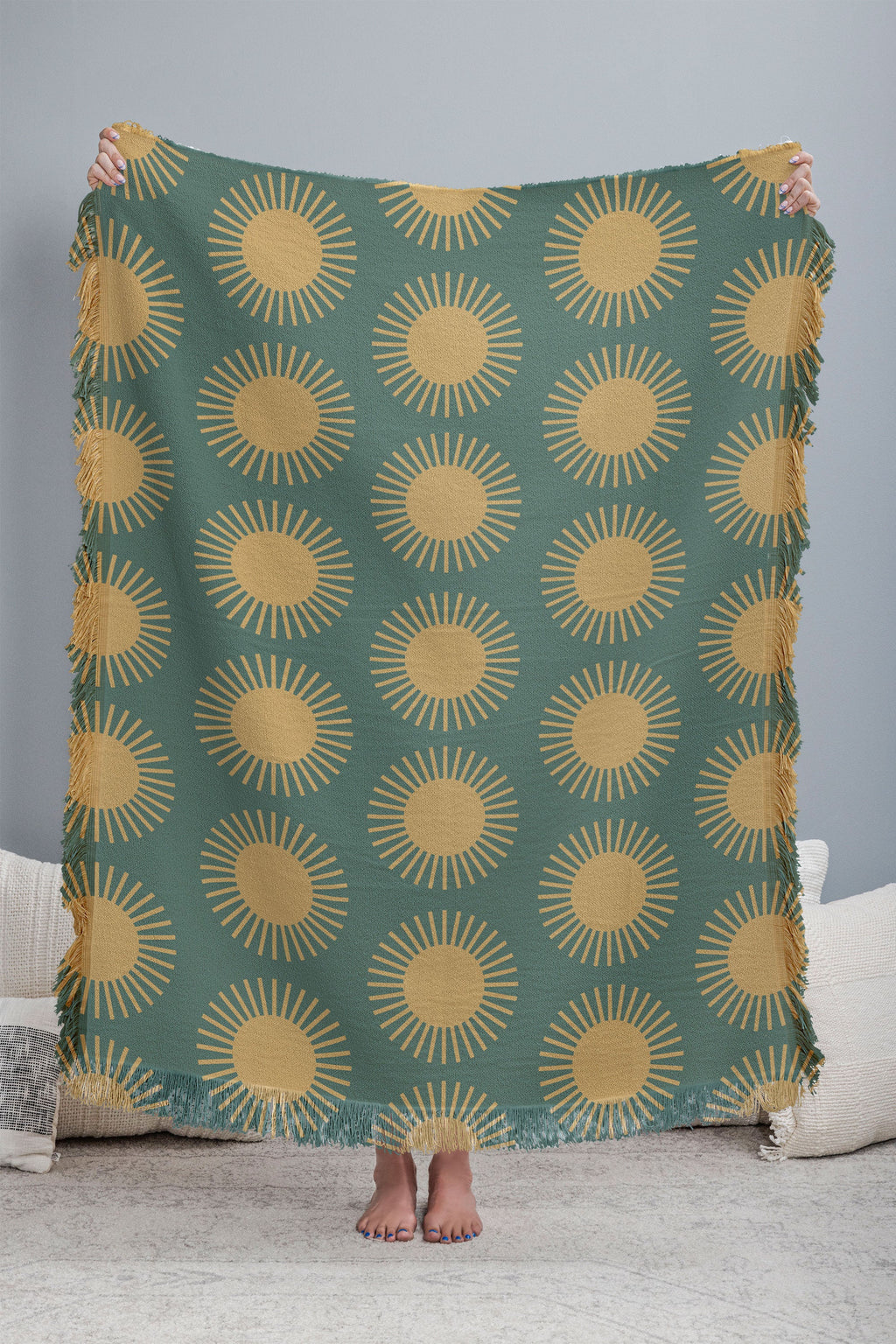 Colour Poems Cheerful Sun Pattern Sage Throw Blanket