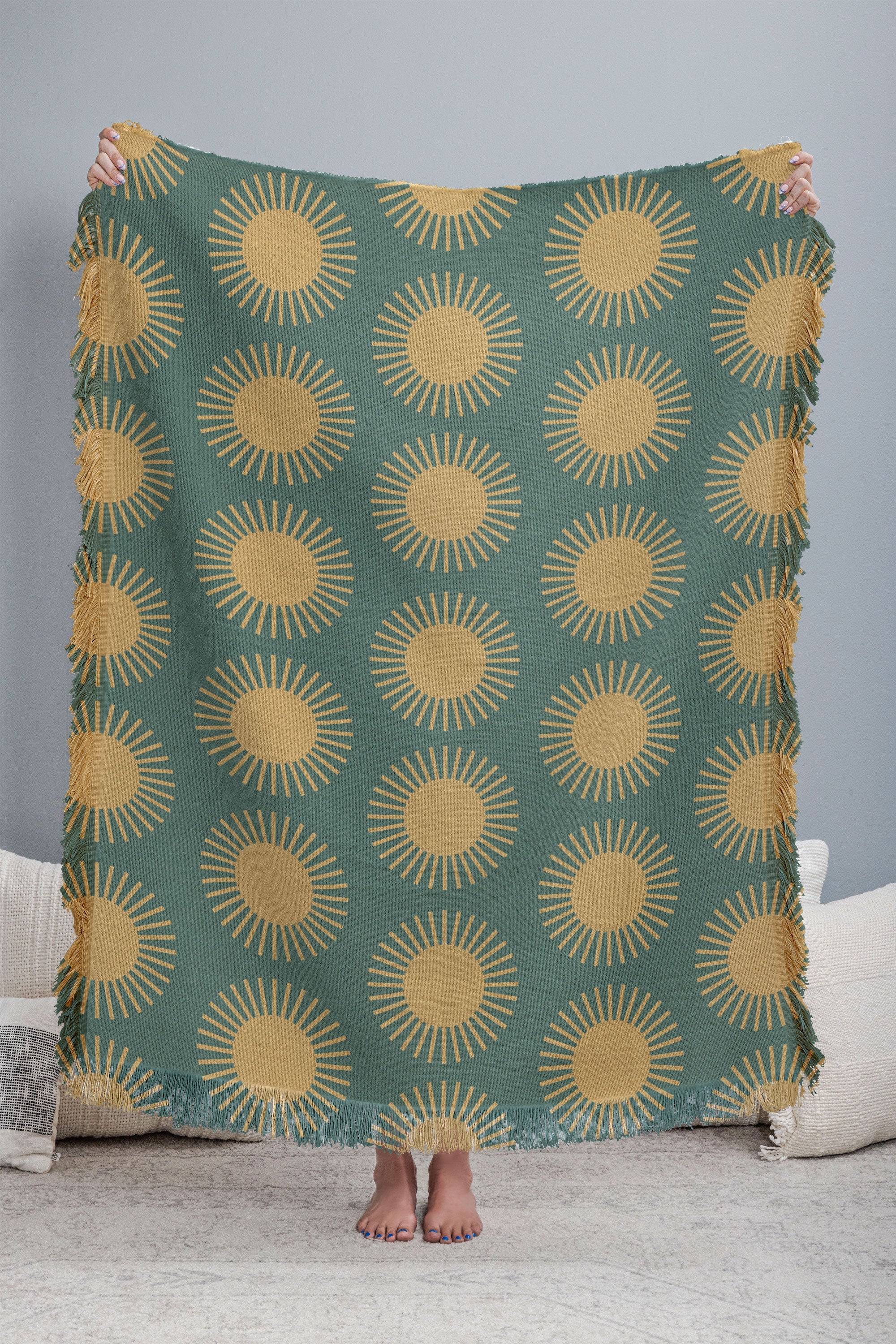 Colour Poems Cheerful Sun Pattern Sage Throw Blanket