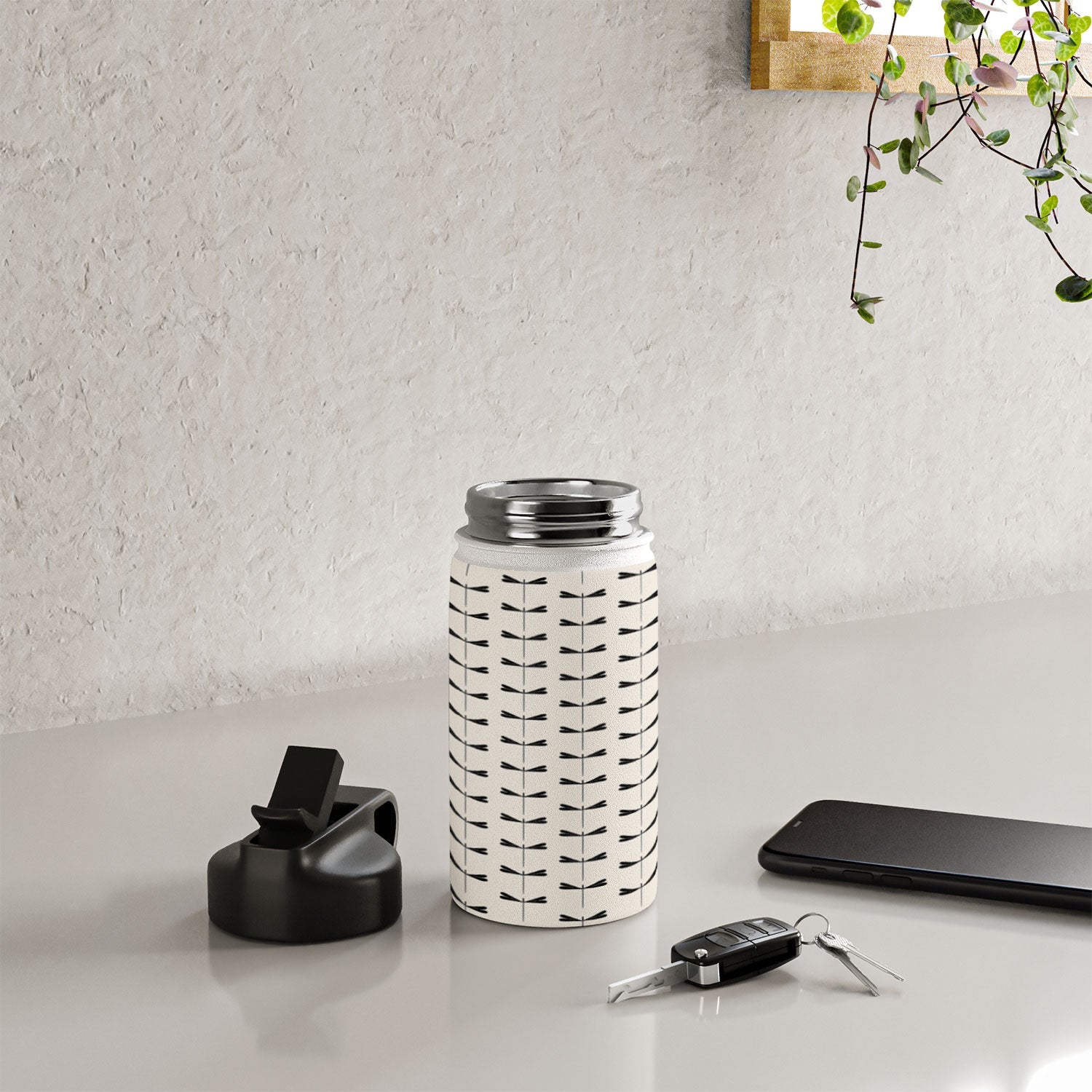 Colour Poems Dragonfly Pattern Black White Water Bottle