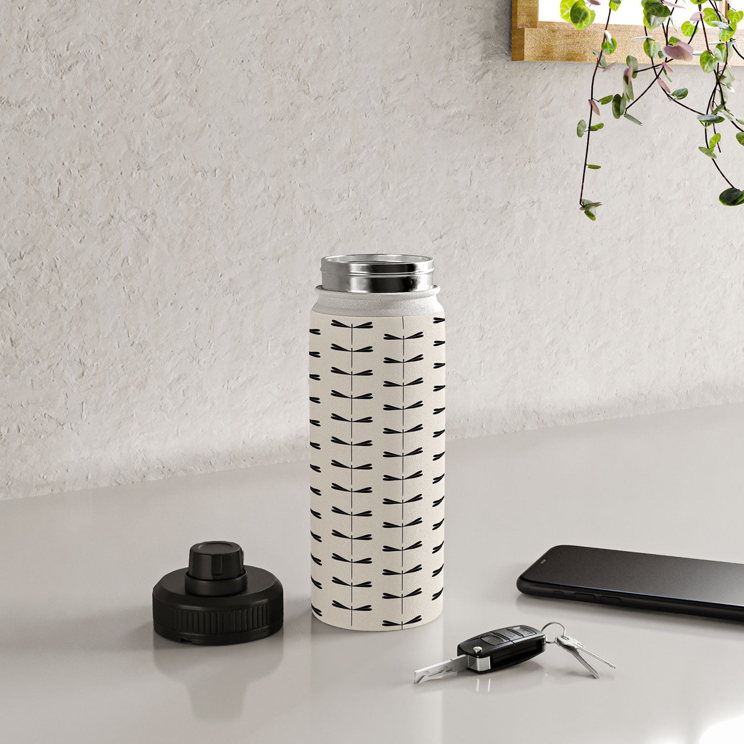 Colour Poems Dragonfly Pattern Black White Water Bottle
