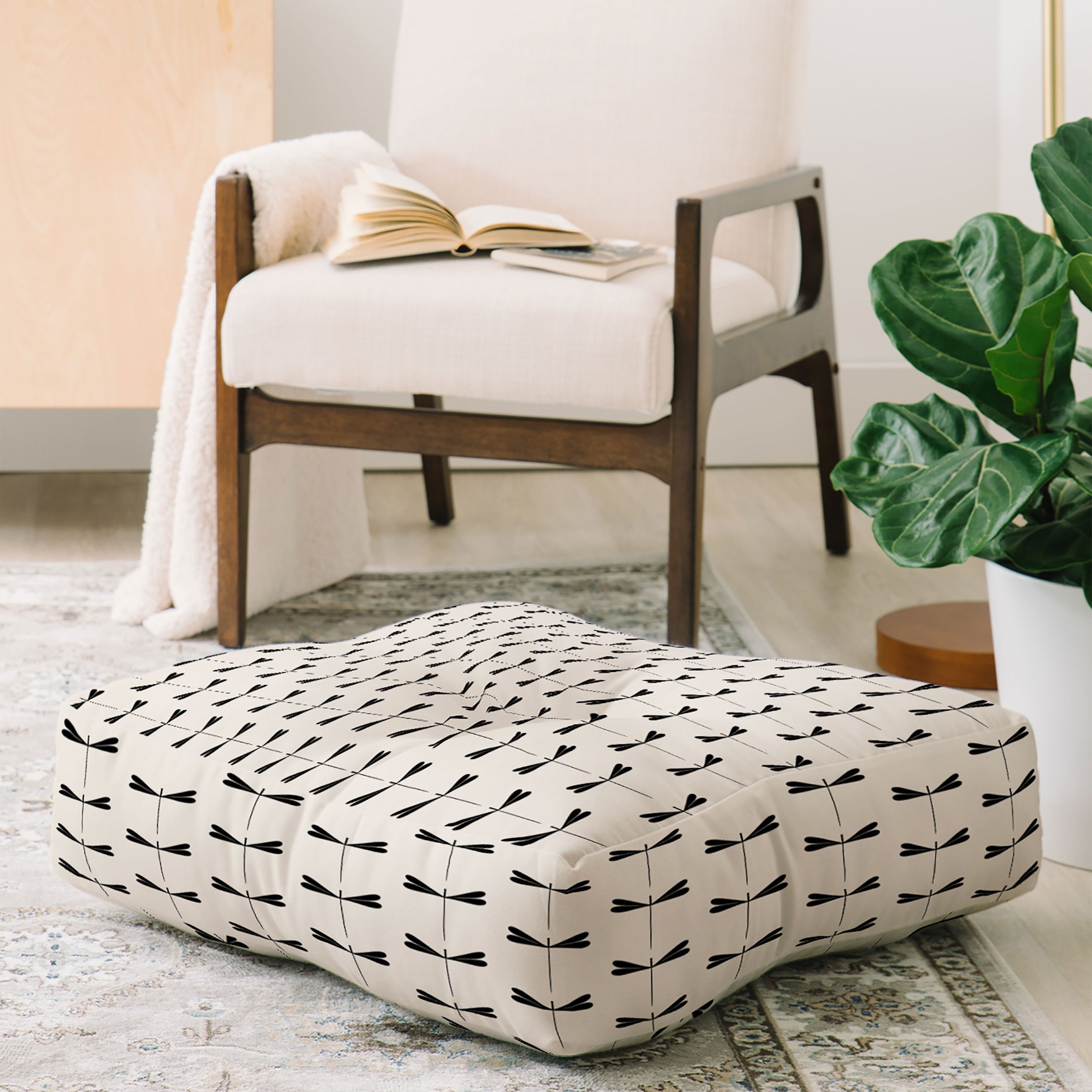Colour Poems Dragonfly Pattern Black White Floor Pillow Square