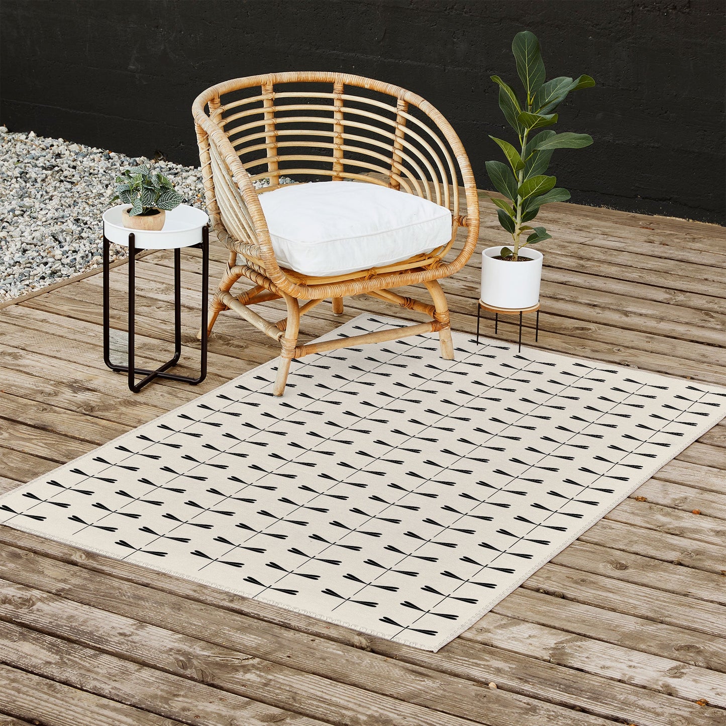 Colour Poems Dragonfly Pattern Black White Outdoor Rug